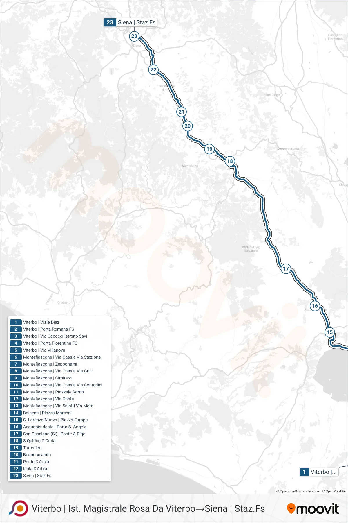 Linea COTRAL bus (Viterbo | Ist. Magistrale Rosa Da Viterbo→Siena | Staz.Fs) - Percorsi e fermate sulla mappa