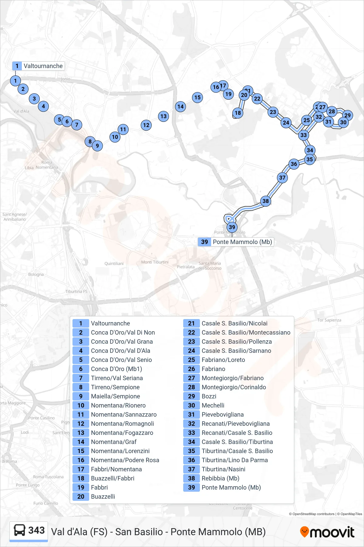 Linea 343  bus (Ponte Mammolo (Mb)) - Percorsi e fermate sulla mappa