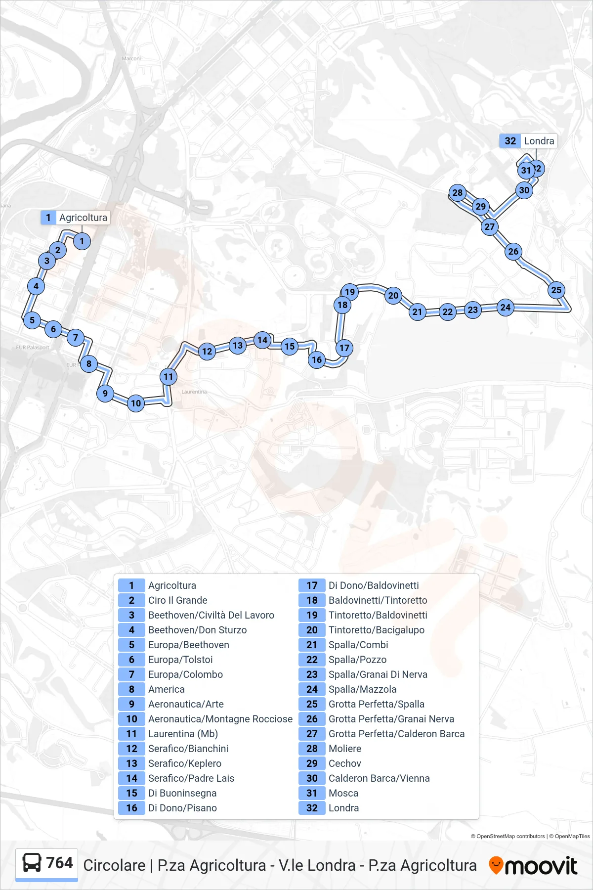 764 bus Line (London) route and stops on a map