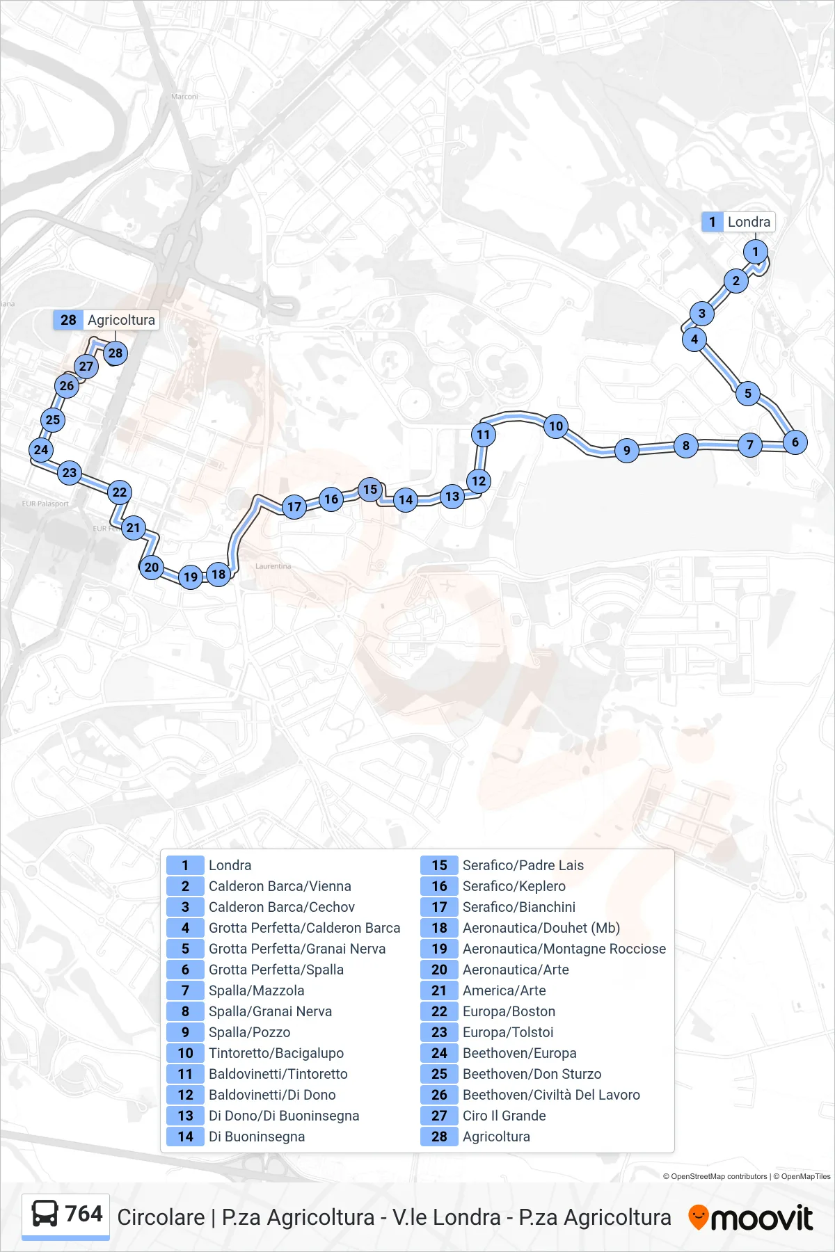 Linea 764 bus (Agricoltura) - Percorsi e fermate sulla mappa