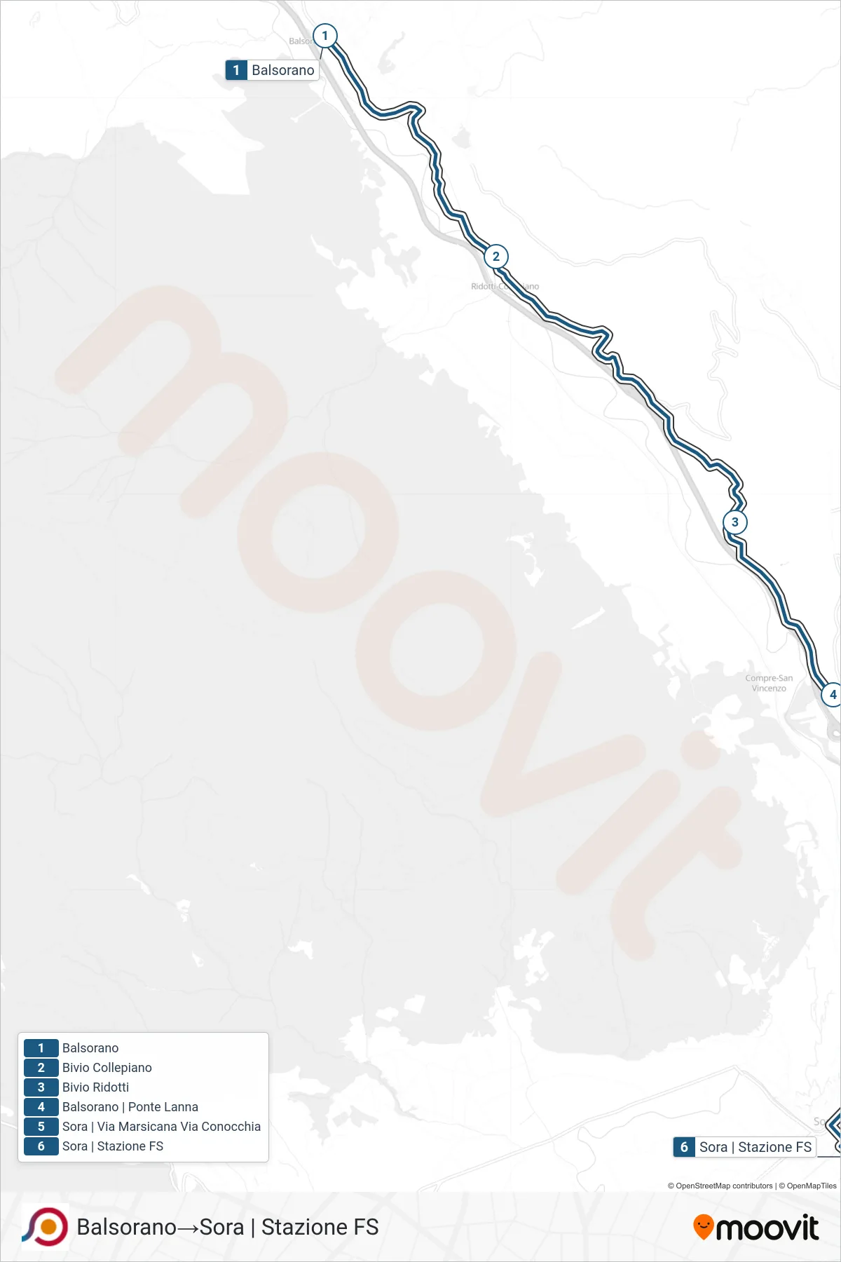 Linea COTRAL  bus (Balsorano‎→Sora | Stazione FS) - Percorsi e fermate sulla mappa