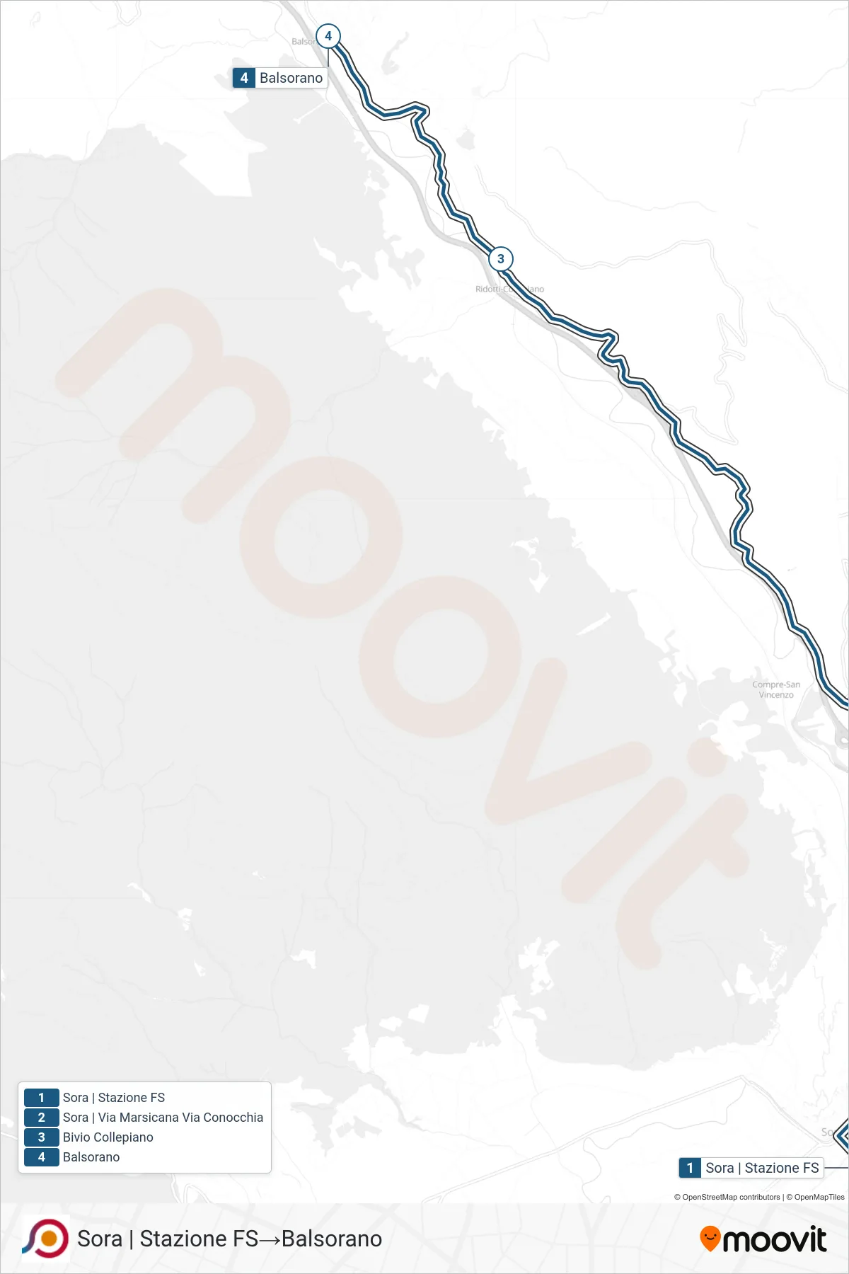 Linea COTRAL  bus (Sora | Stazione FS‎→Balsorano) - Percorsi e fermate sulla mappa
