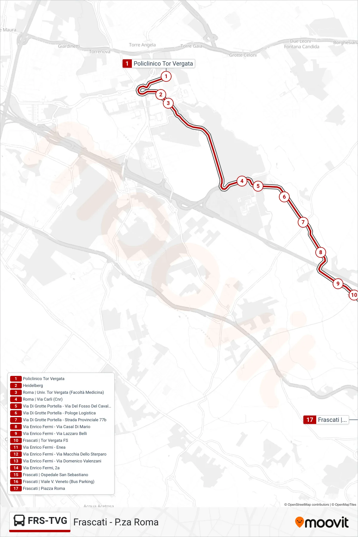 Linea FRS-TVG bus (Frascati - P.za Roma) - Percorsi e fermate sulla mappa