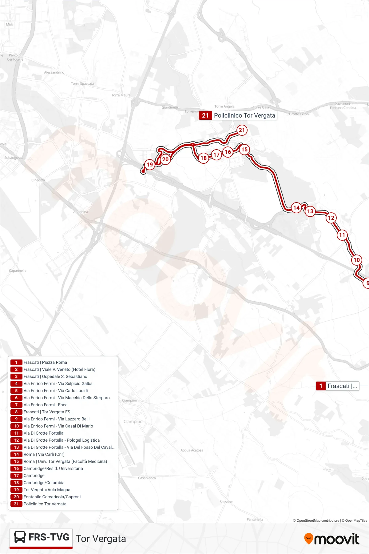 Linea FRS-TVG  bus (Tor Vergata) - Percorsi e fermate sulla mappa