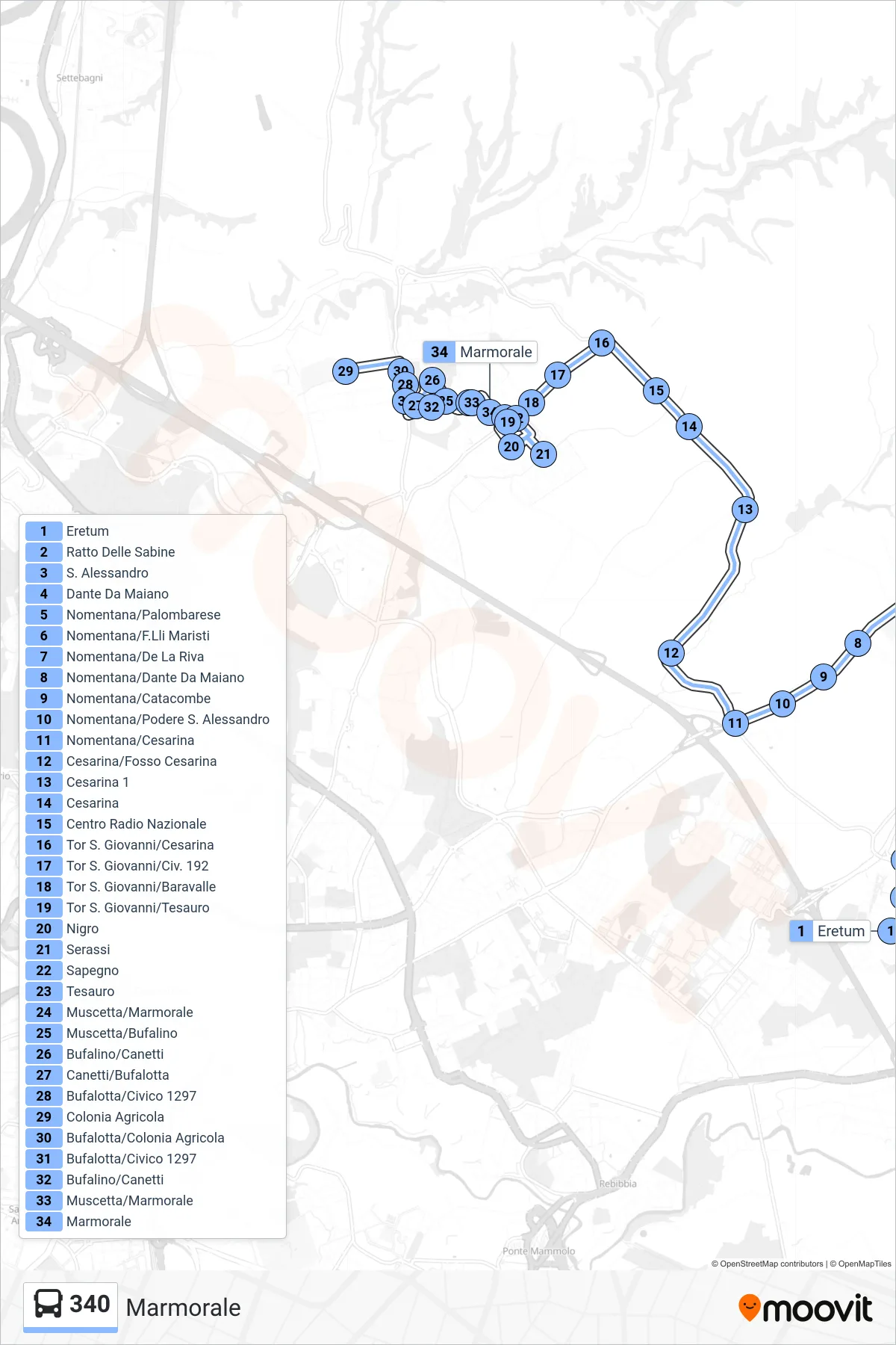 Linea 340 bus (Marmorale) - Percorsi e fermate sulla mappa