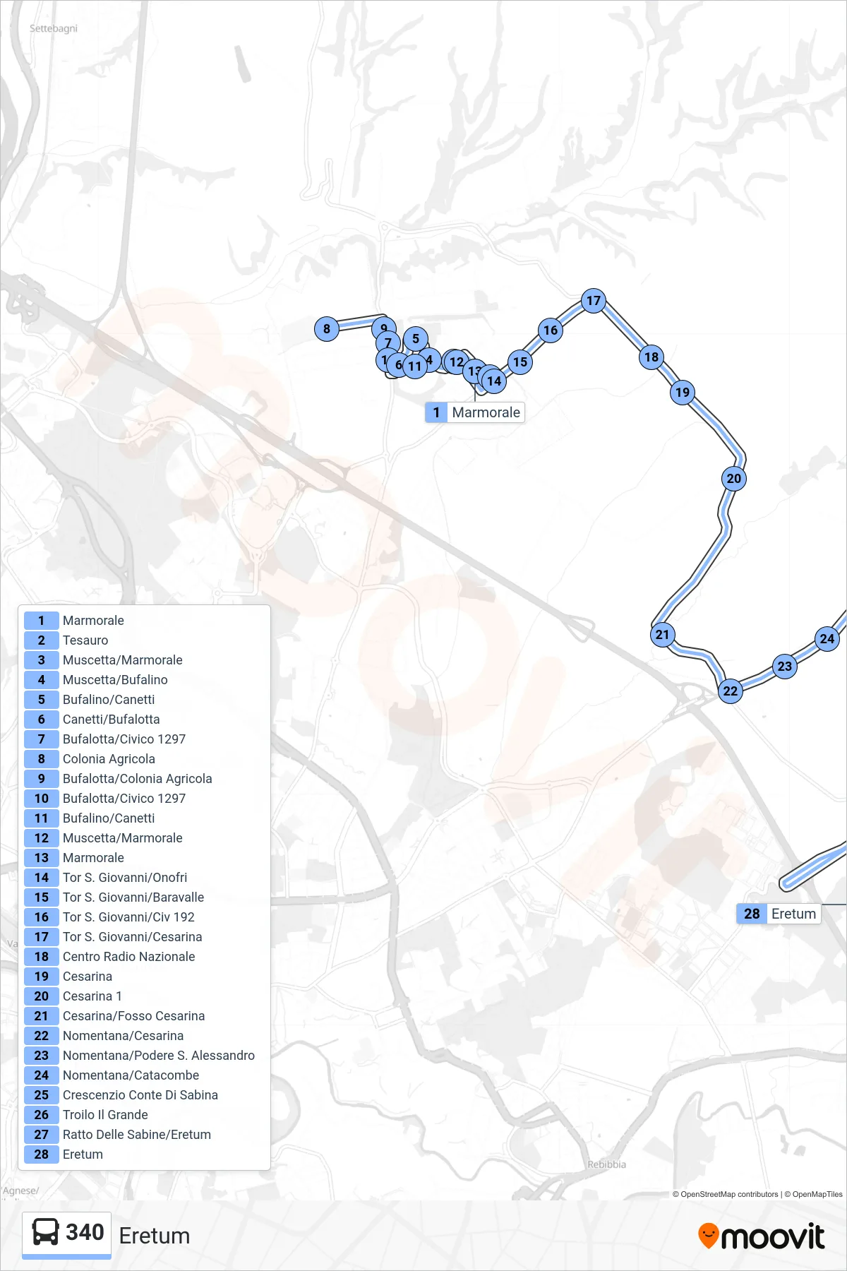 Linea 340  bus (Eretum) - Percorsi e fermate sulla mappa