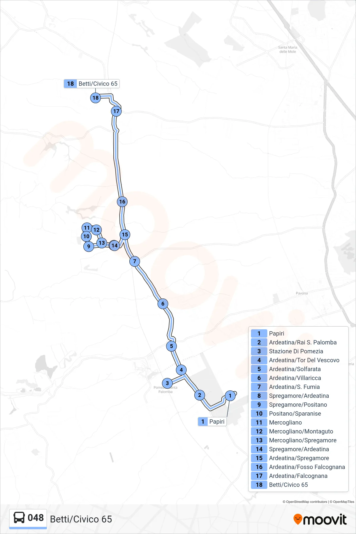 Linea 048 bus (Betti/Civico 65) - Percorsi e fermate sulla mappa