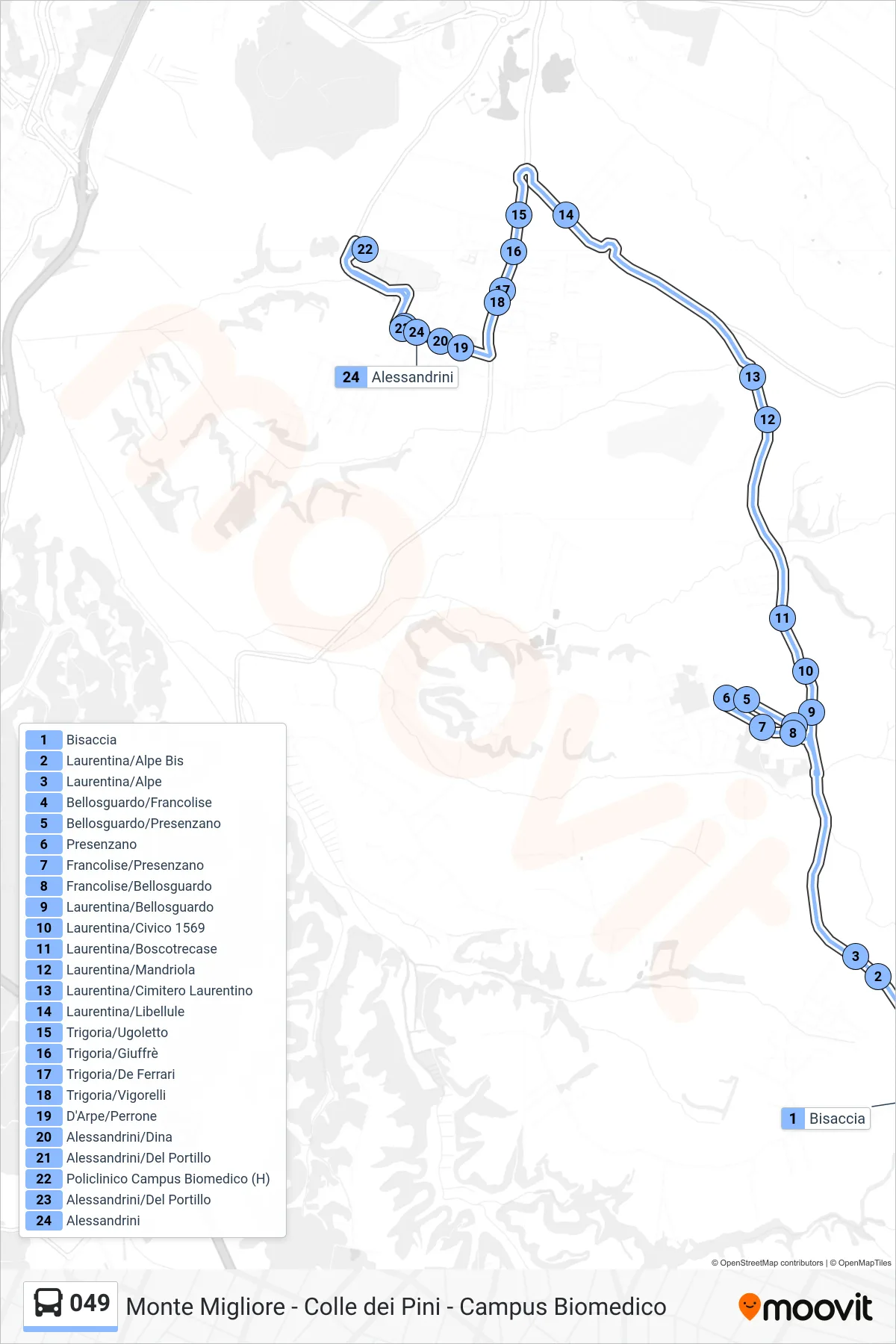 Linea 049 bus (Alessandrini) - Percorsi e fermate sulla mappa