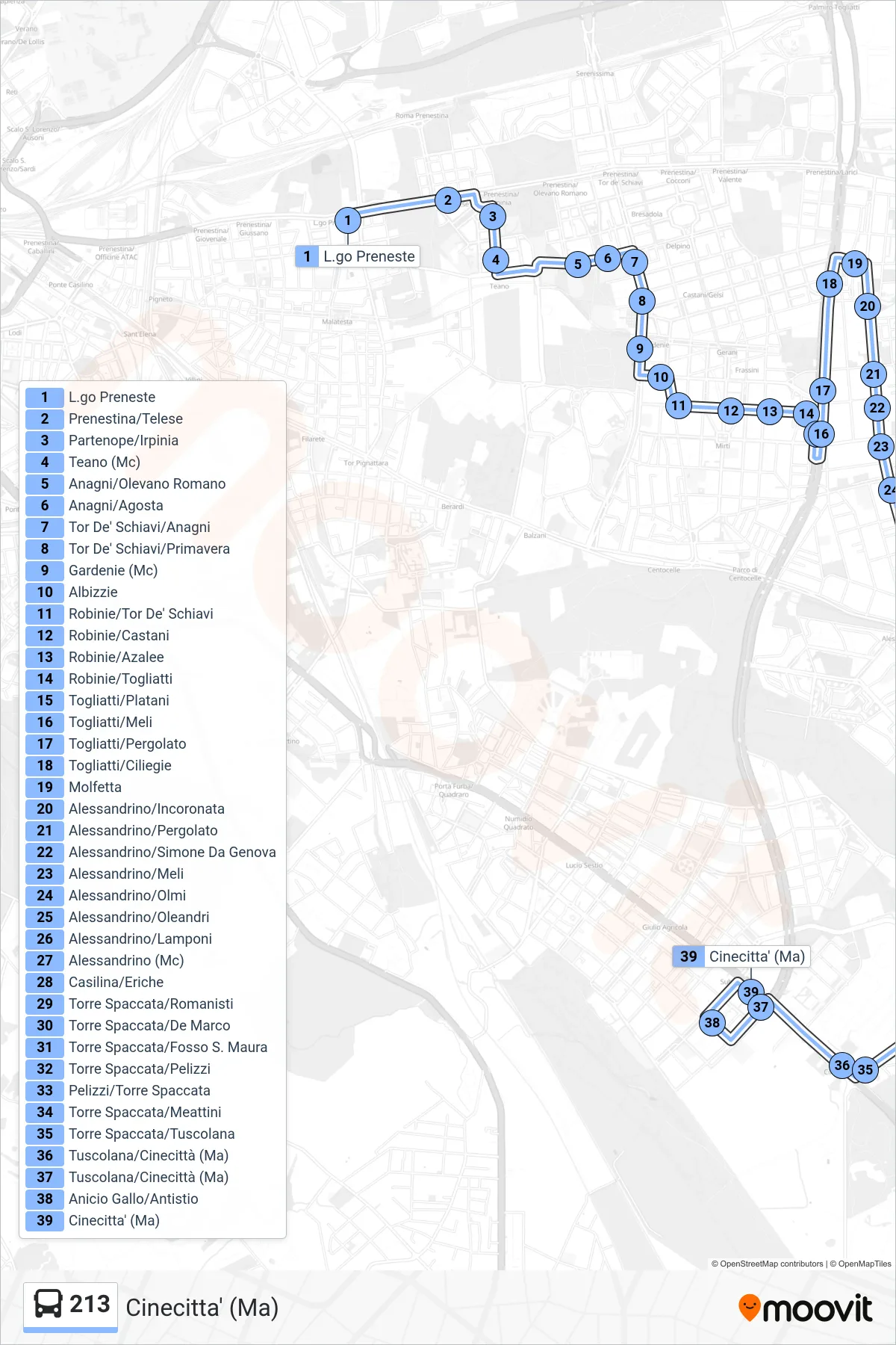 Linea 213 bus (Cinecitta' (Ma)) - Percorsi e fermate sulla mappa