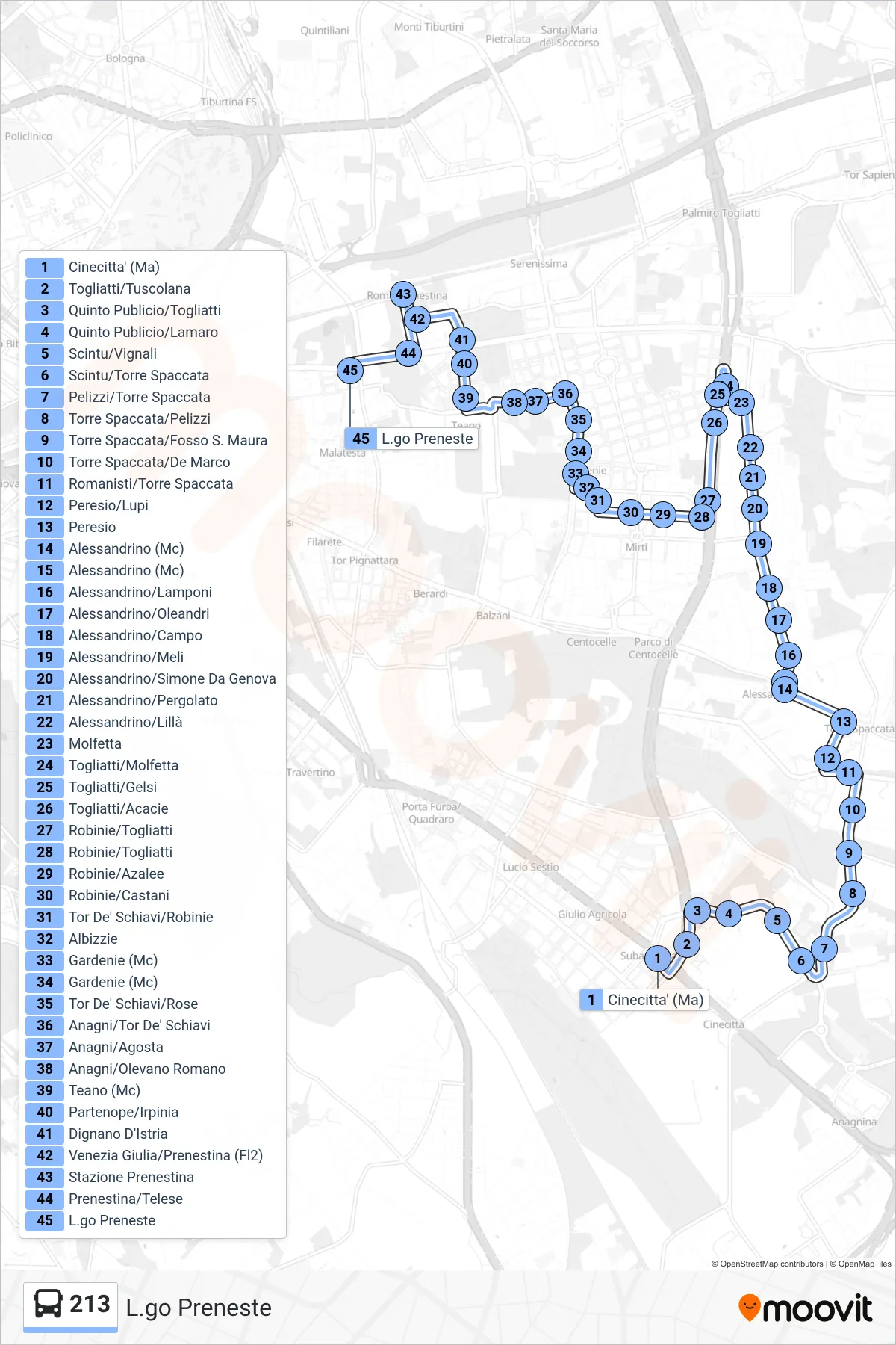 Linea 213 bus (L.go Preneste) - Percorsi e fermate sulla mappa