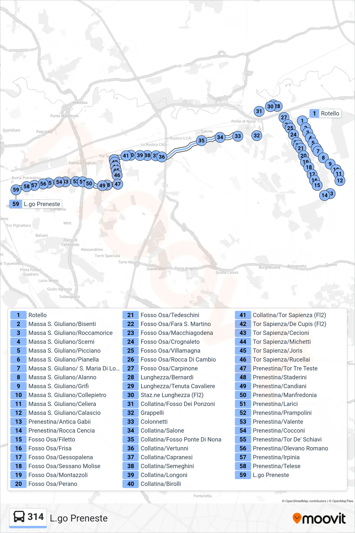 314 bus Line (Largo Preneste) route and stops on a map