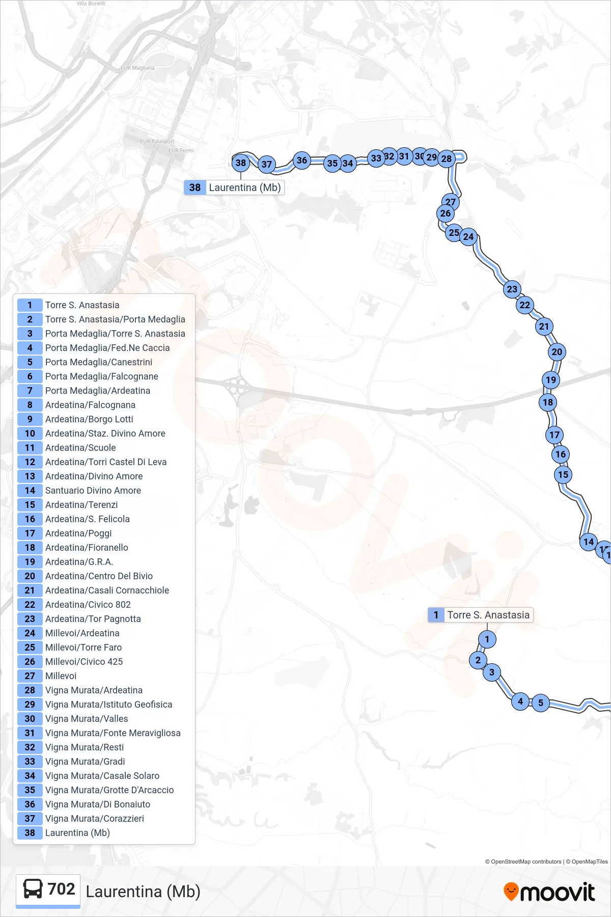 Linea 702 bus (Laurentina (Mb)) - Percorsi e fermate sulla mappa