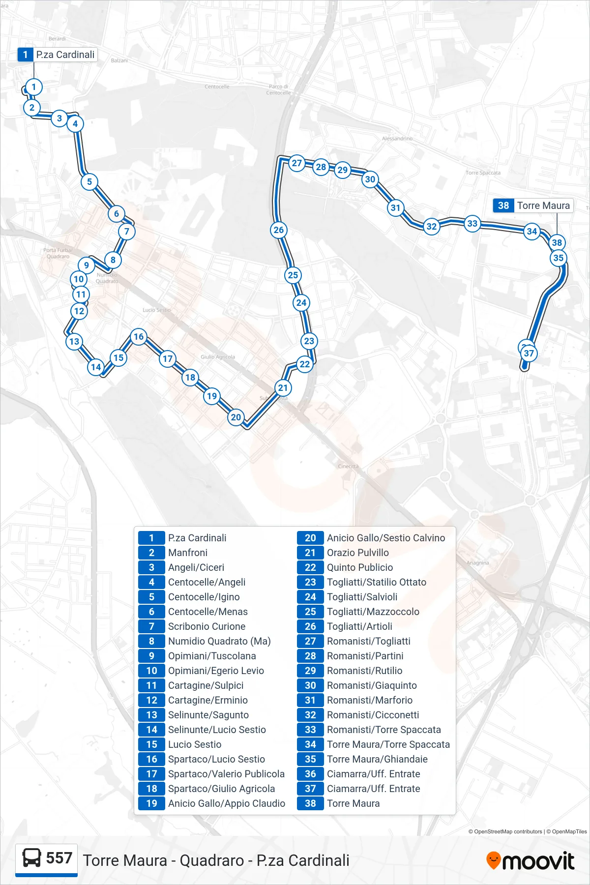 557 bus Line (Maura Tower) route and stops on a map