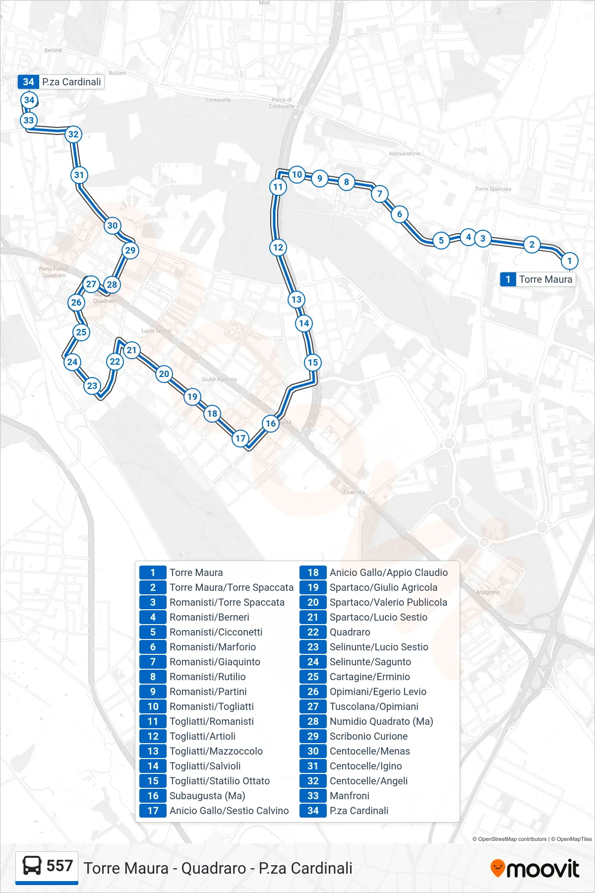 Linea 557 bus (P.za Cardinali) - Percorsi e fermate sulla mappa