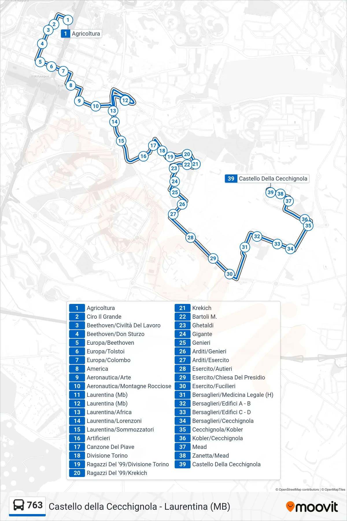 Linea 763 bus (Castello Della Cecchignola) - Percorsi e fermate sulla mappa