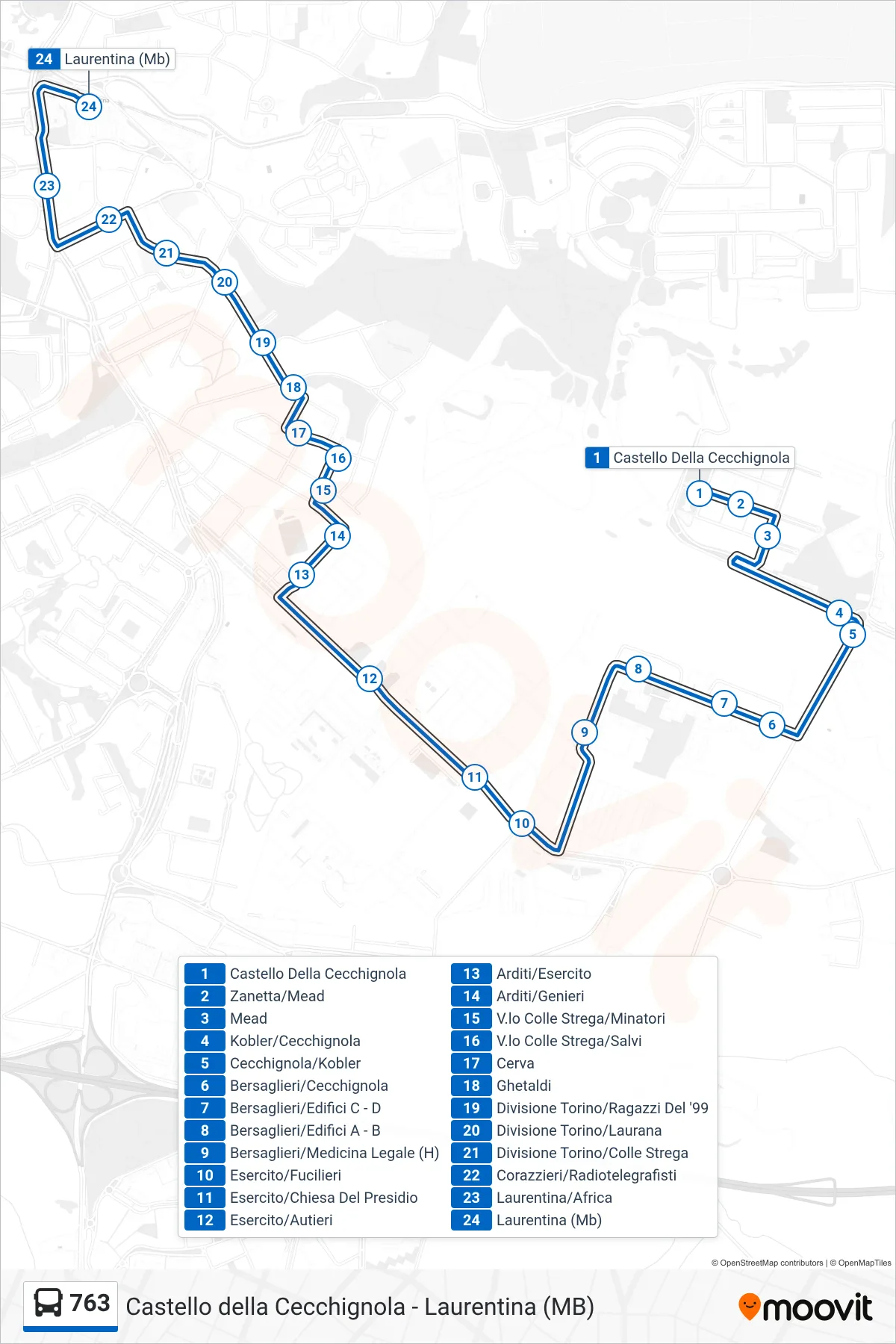 Linea 763 bus (Laurentina (Mb)) - Percorsi e fermate sulla mappa