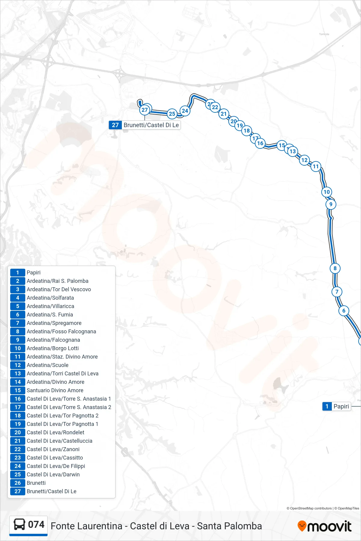 Linea 074 bus (Brunetti/Castel Di Le) - Percorsi e fermate sulla mappa
