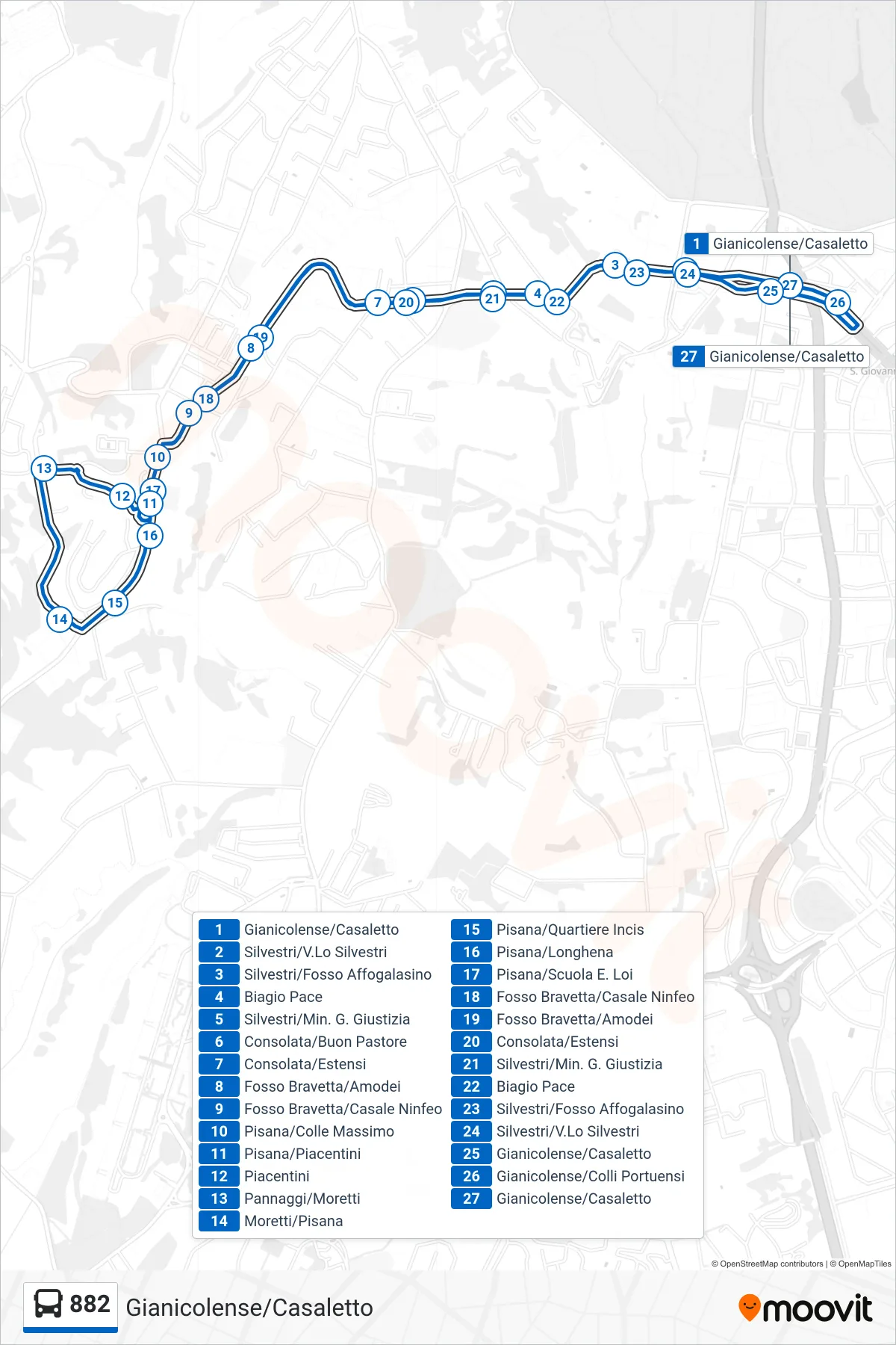 Linea 882 bus (Gianicolense/Casaletto) - Percorsi e fermate sulla mappa