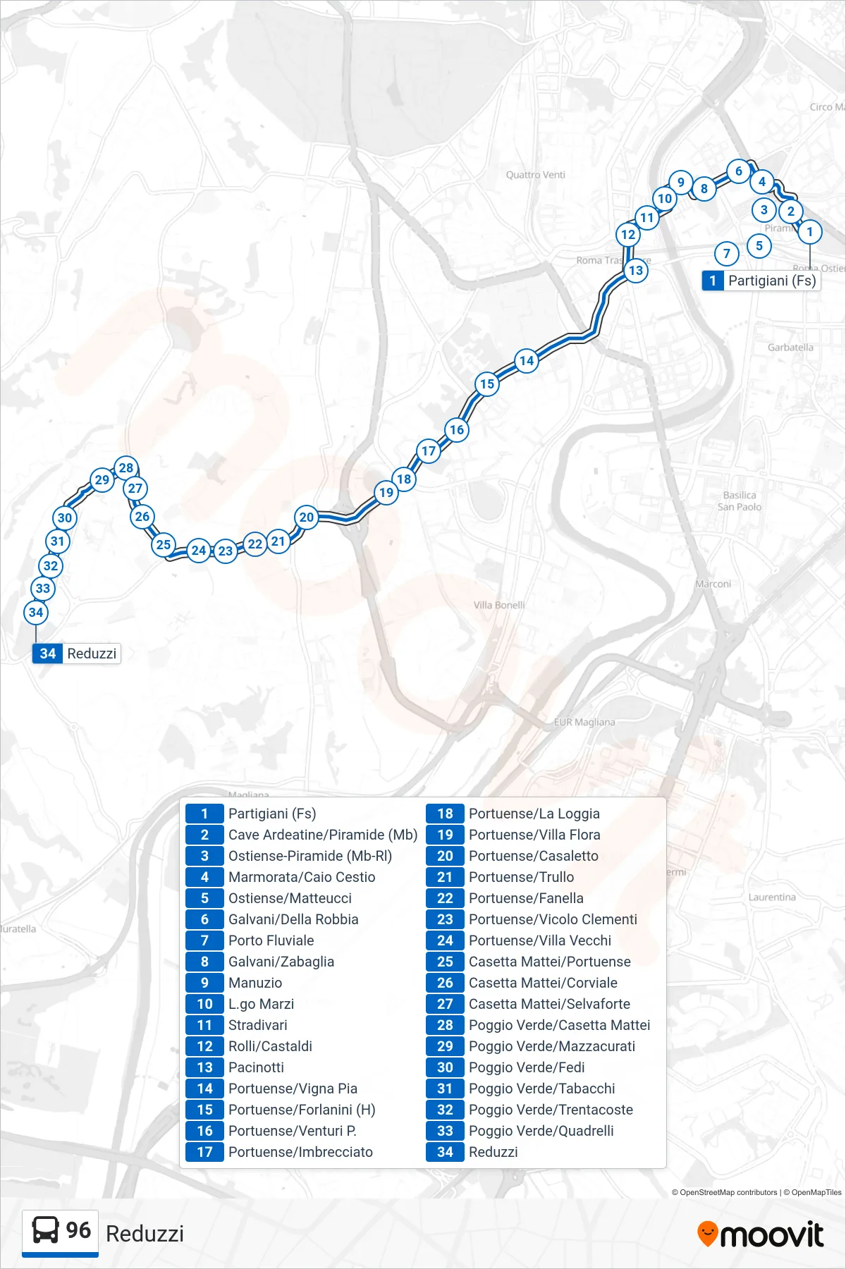 Linea 96 bus (Reduzzi) - Percorsi e fermate sulla mappa