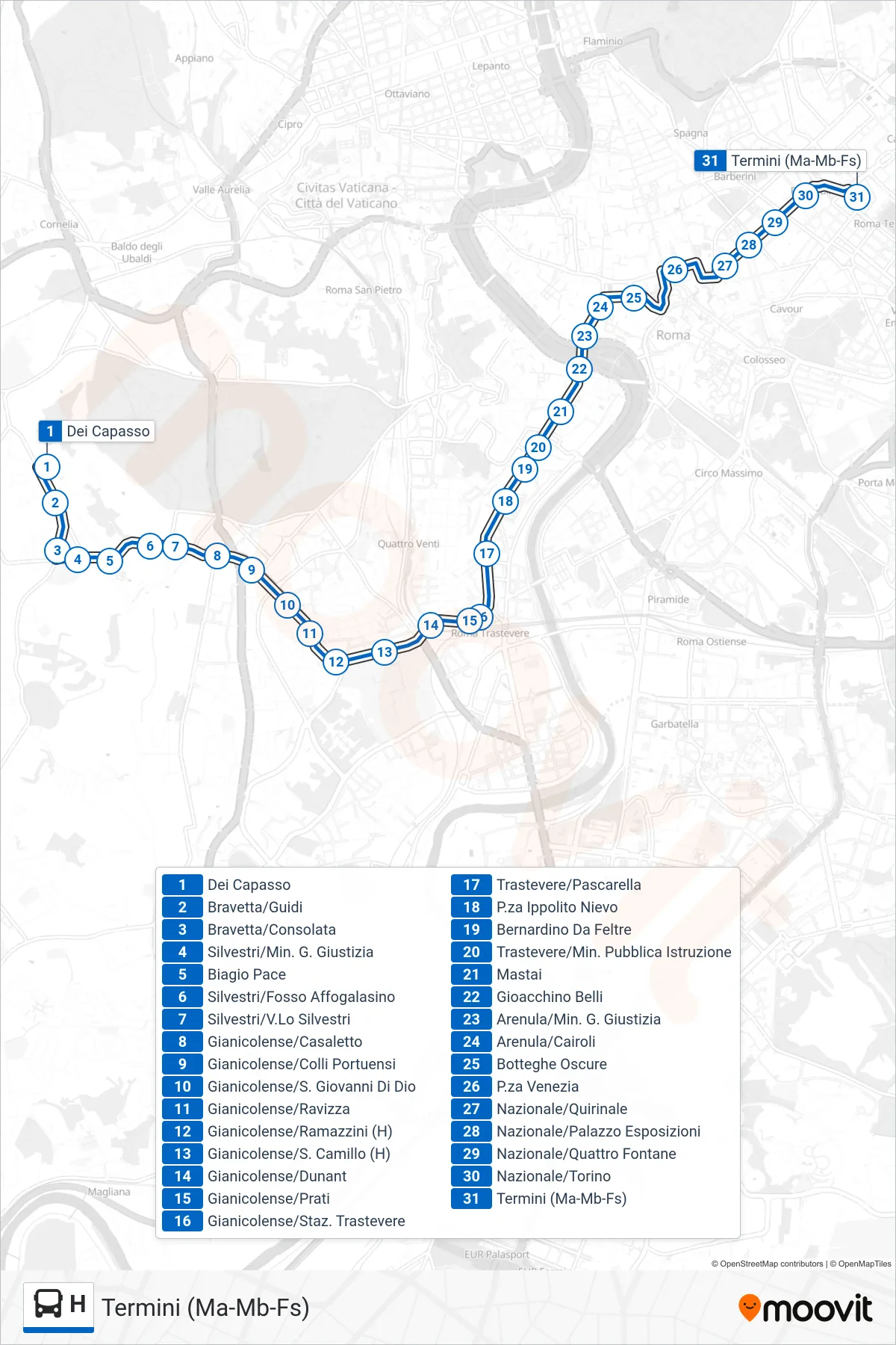Linea H bus (Termini (Ma-Mb-Fs)) - Percorsi e fermate sulla mappa
