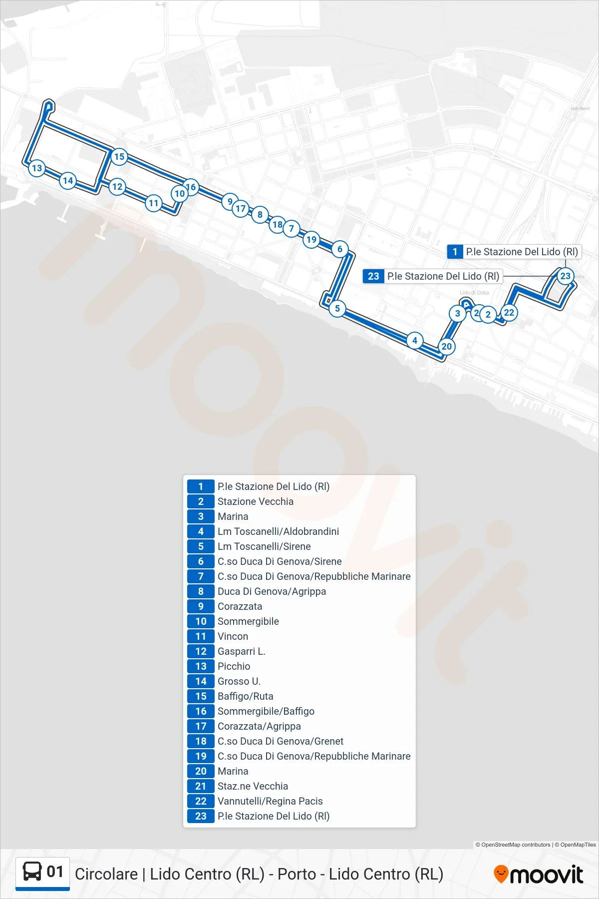 Linea 01 bus (P.le Stazione Del Lido (Rl)) - Percorsi e fermate sulla mappa