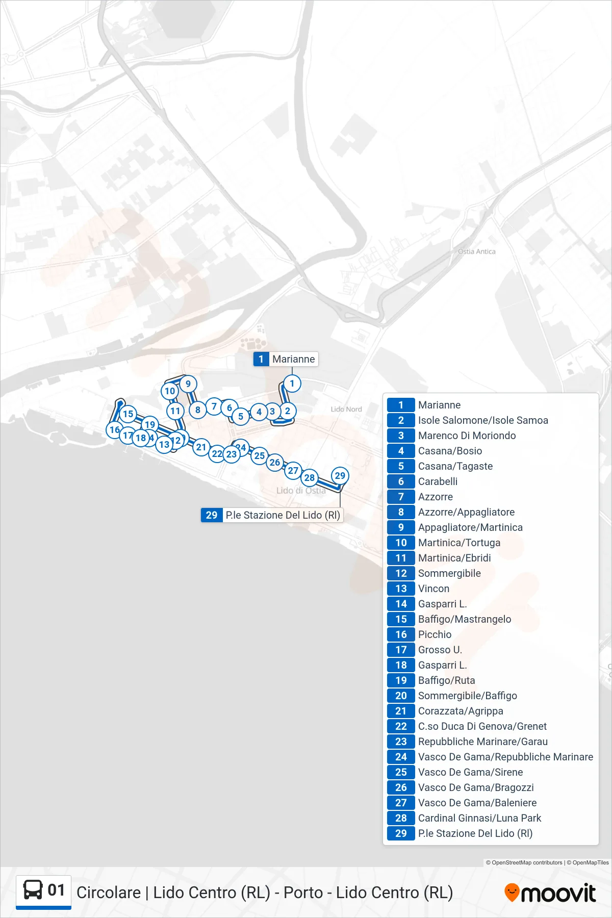 Linea 01 bus (P.le Stazione Del Lido (Rl)) - Percorsi e fermate sulla mappa
