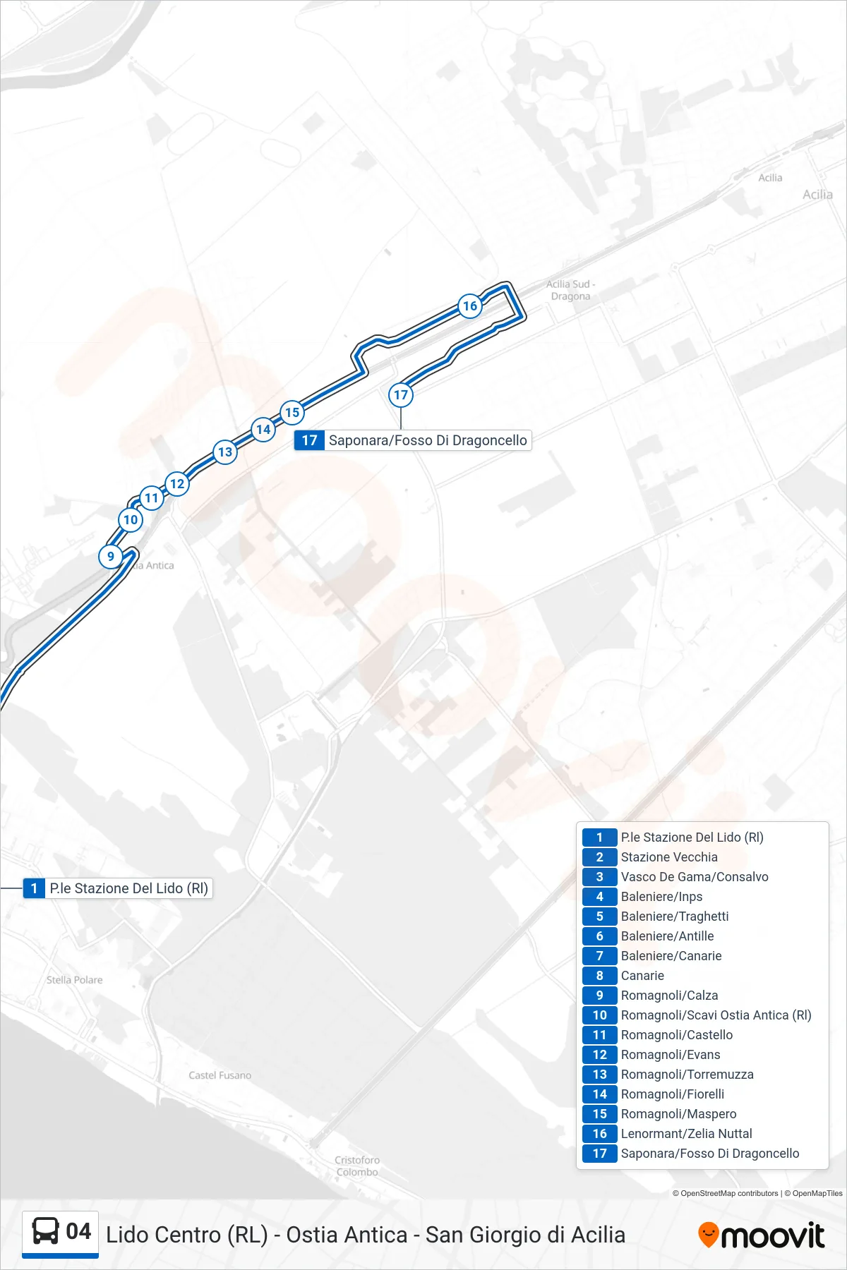 Linea 04 bus (Saponara/Fosso Di Dragoncello) - Percorsi e fermate sulla mappa