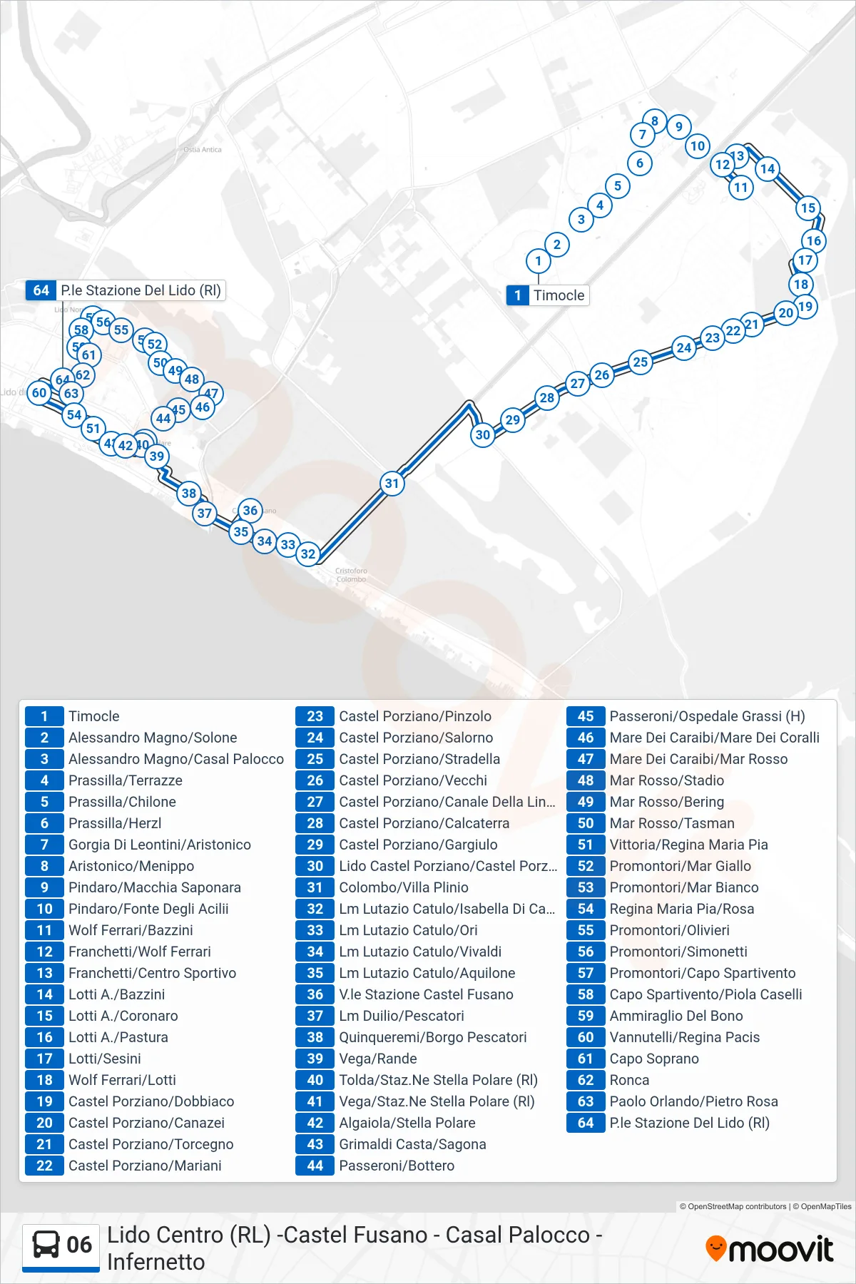 Linea 06  bus (P.le Stazione Del Lido (Rl)) - Percorsi e fermate sulla mappa