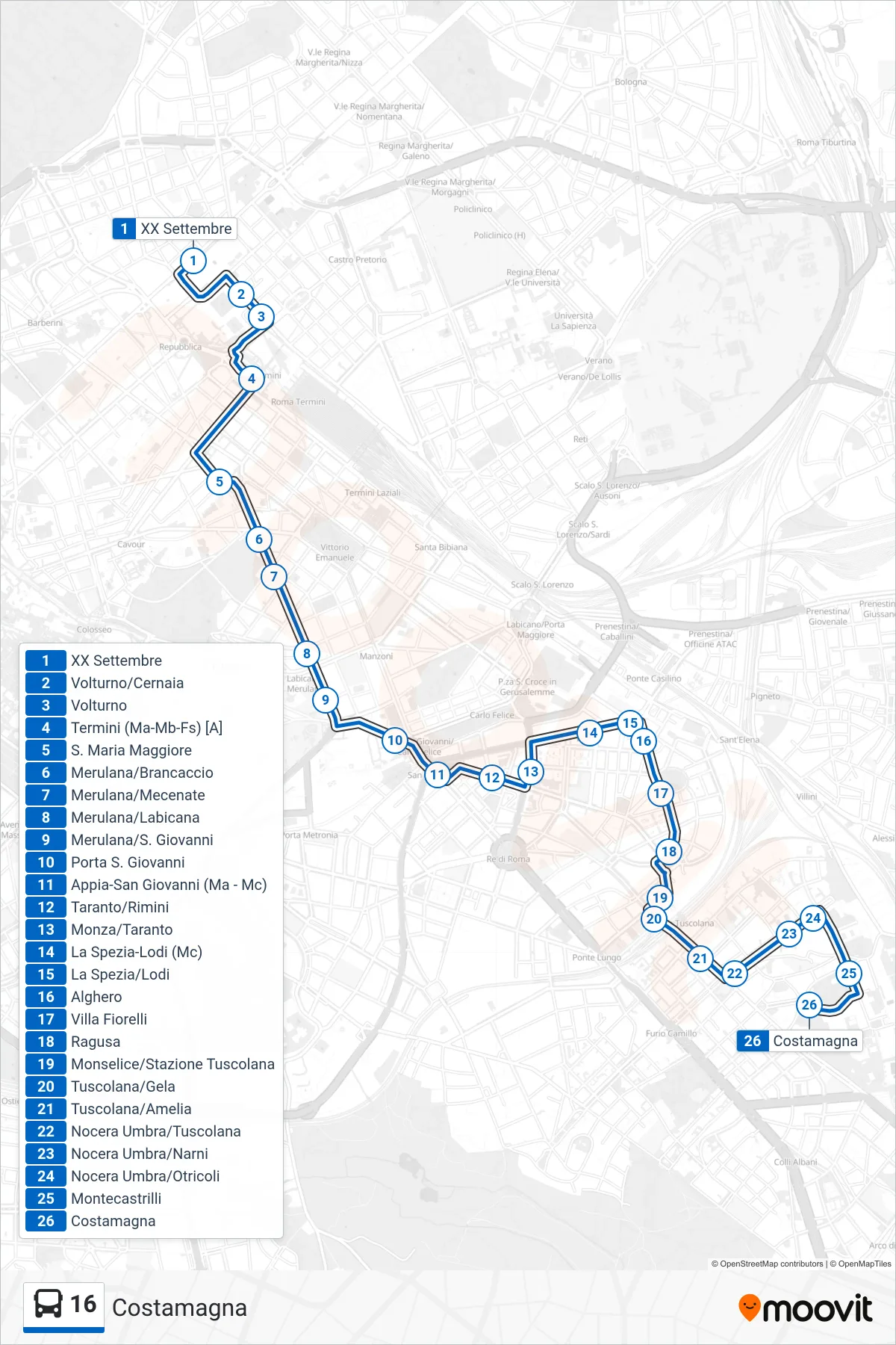 Linea 16 bus (Costamagna) - Percorsi e fermate sulla mappa