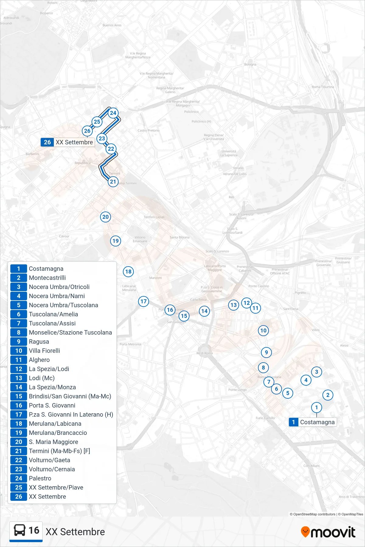 Linea 16  bus (XX Settembre) - Percorsi e fermate sulla mappa