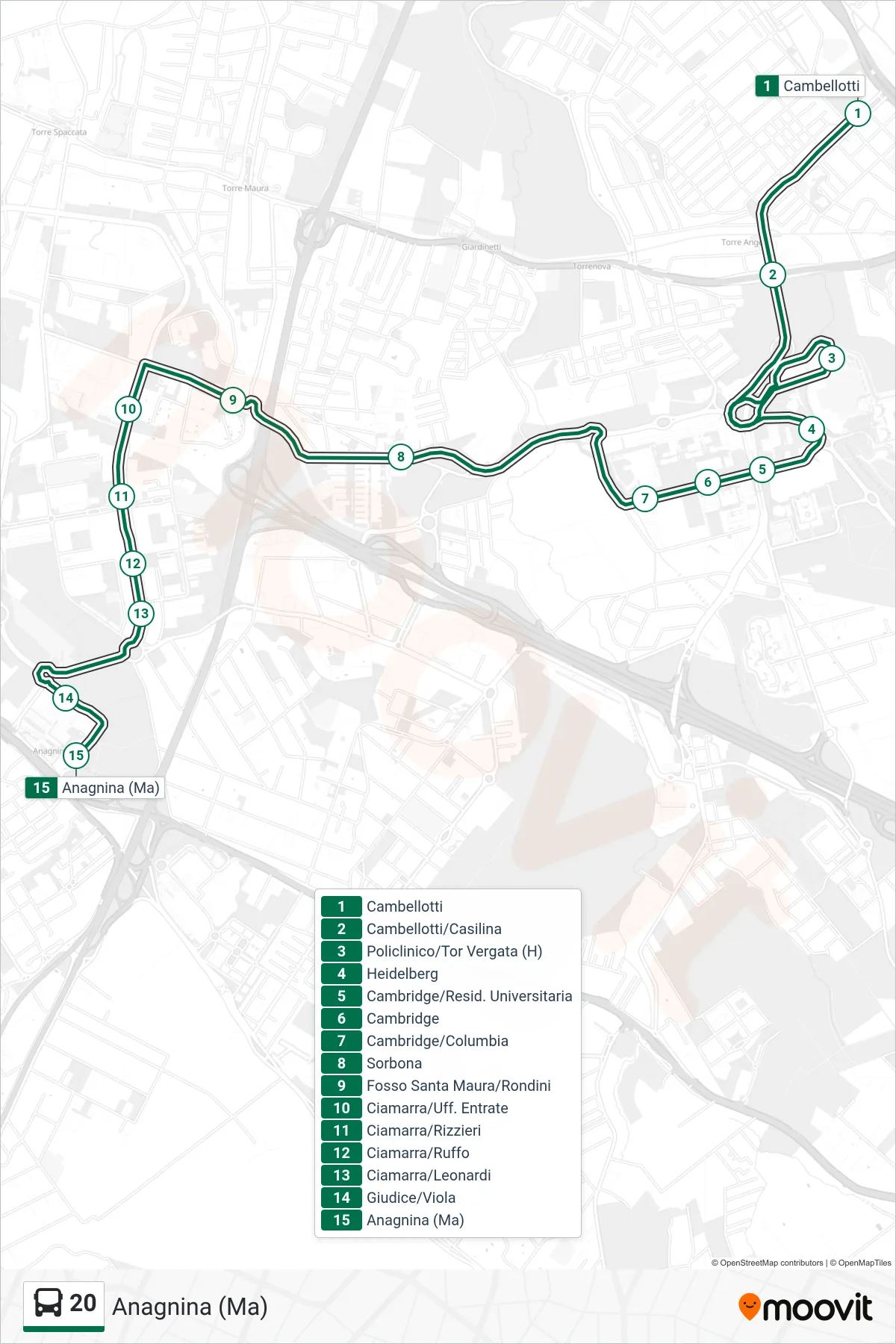 Linea 20 bus (Anagnina (Ma)) - Percorsi e fermate sulla mappa