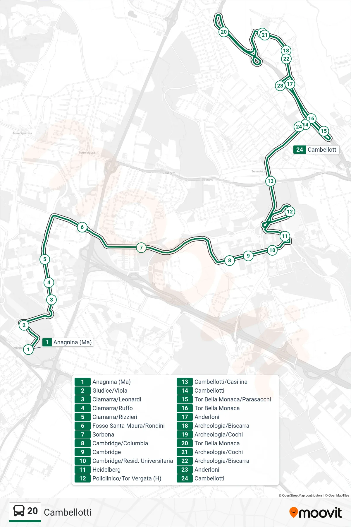 Linea 20 bus (Cambellotti) - Percorsi e fermate sulla mappa