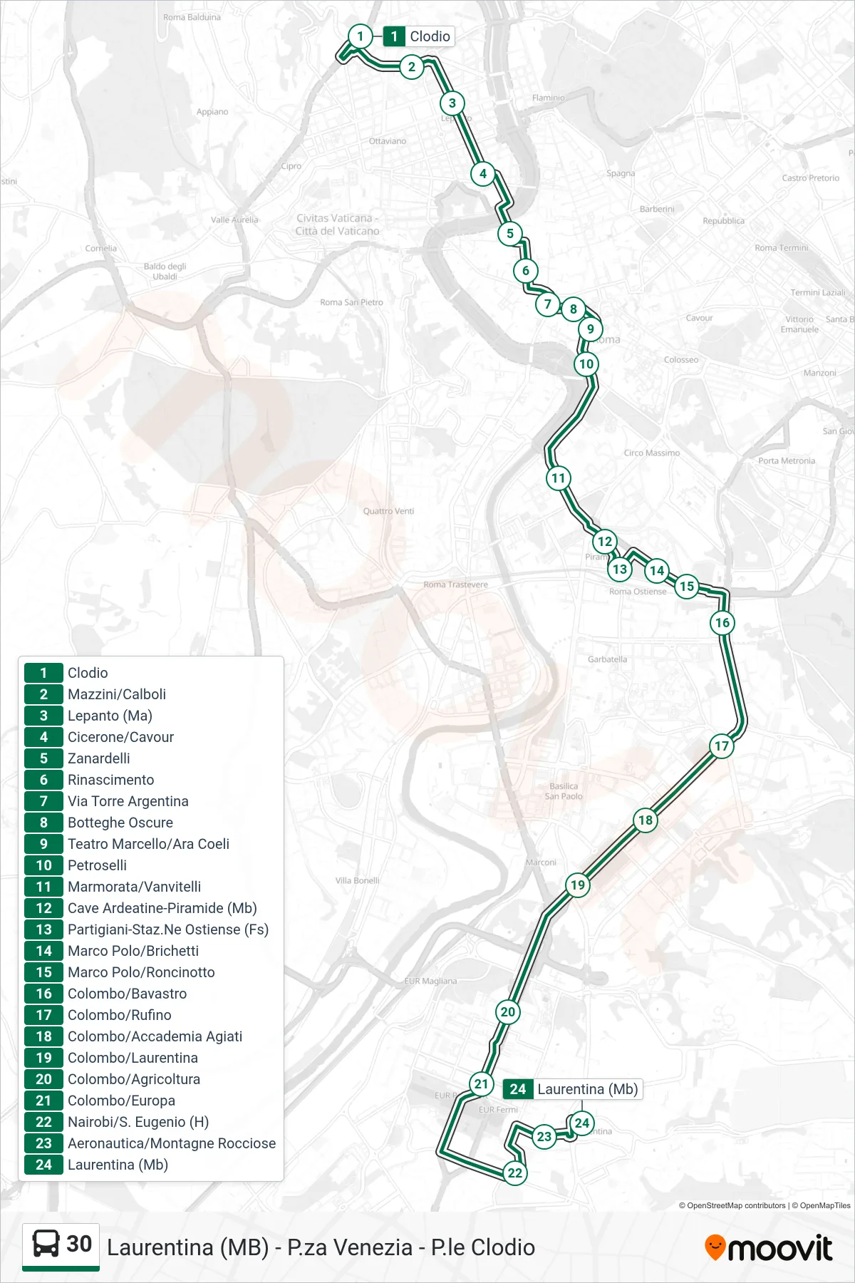 Linea 30  bus (Laurentina (Mb)) - Percorsi e fermate sulla mappa