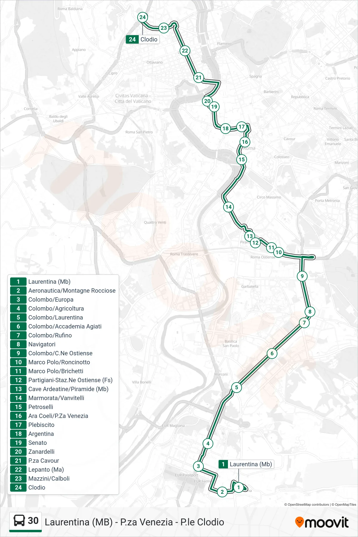 Linea 30 bus (Clodio) - Percorsi e fermate sulla mappa