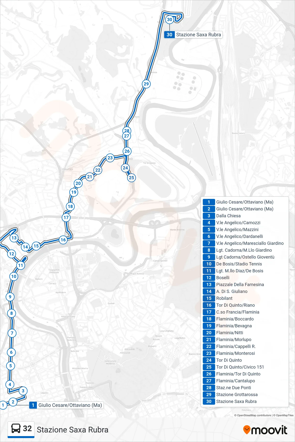 Linea 32 bus (Stazione Saxa Rubra) - Percorsi e fermate sulla mappa