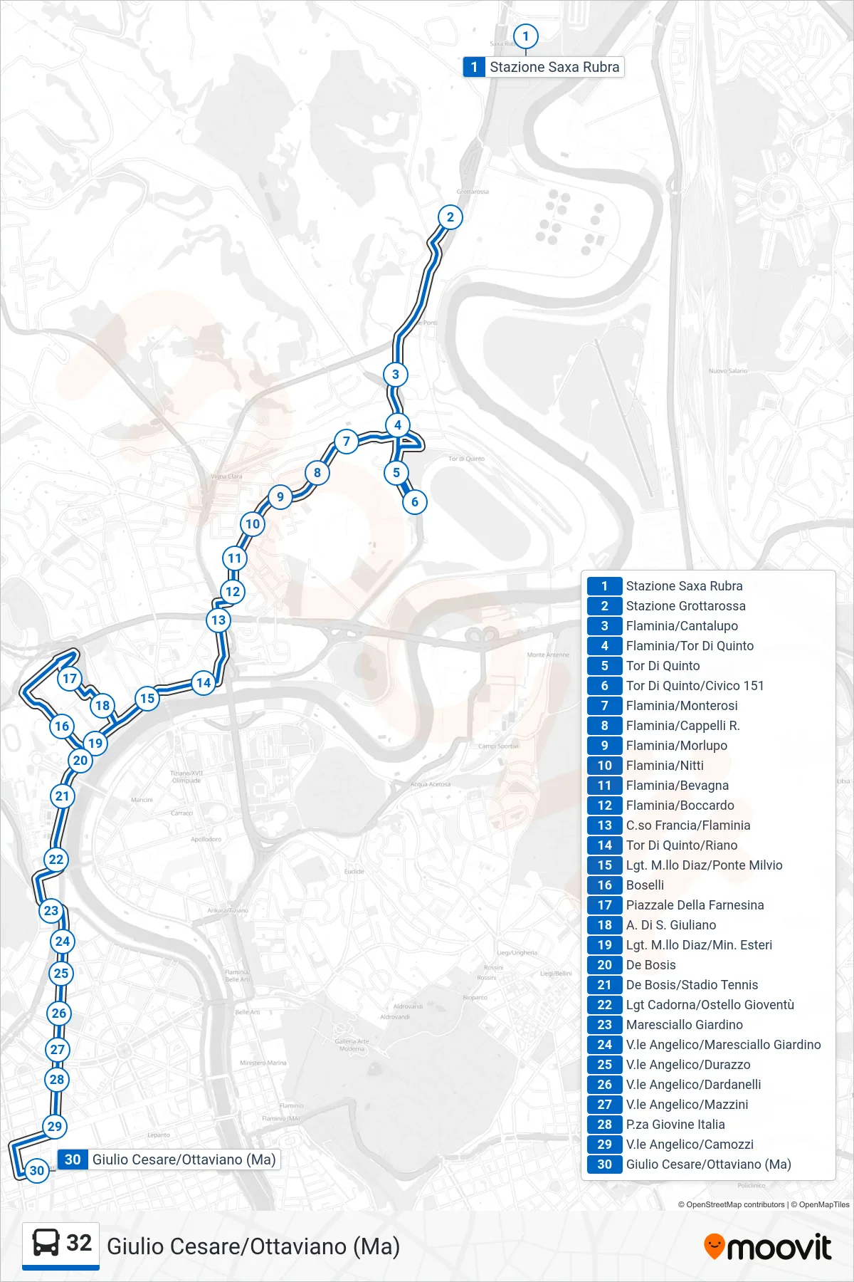 Linea 32 bus (Giulio Cesare/Ottaviano (Ma)) - Percorsi e fermate sulla mappa