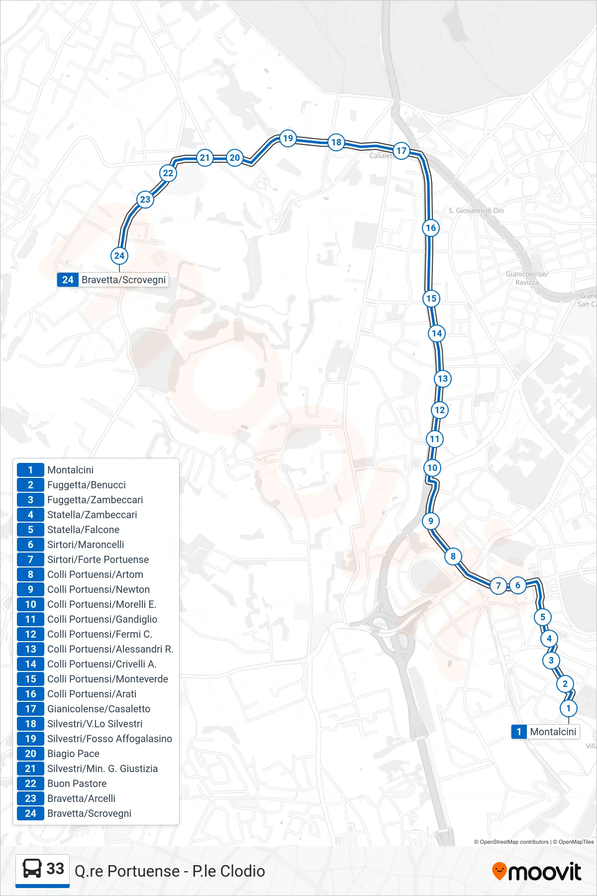 Linea 33 bus (Bravetta/Scrovegni) - Percorsi e fermate sulla mappa