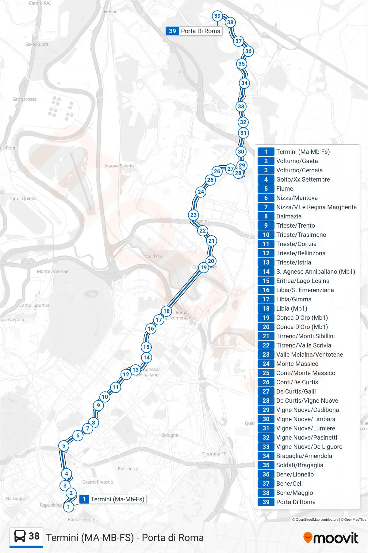 Linea 38  bus (Porta Di Roma) - Percorsi e fermate sulla mappa