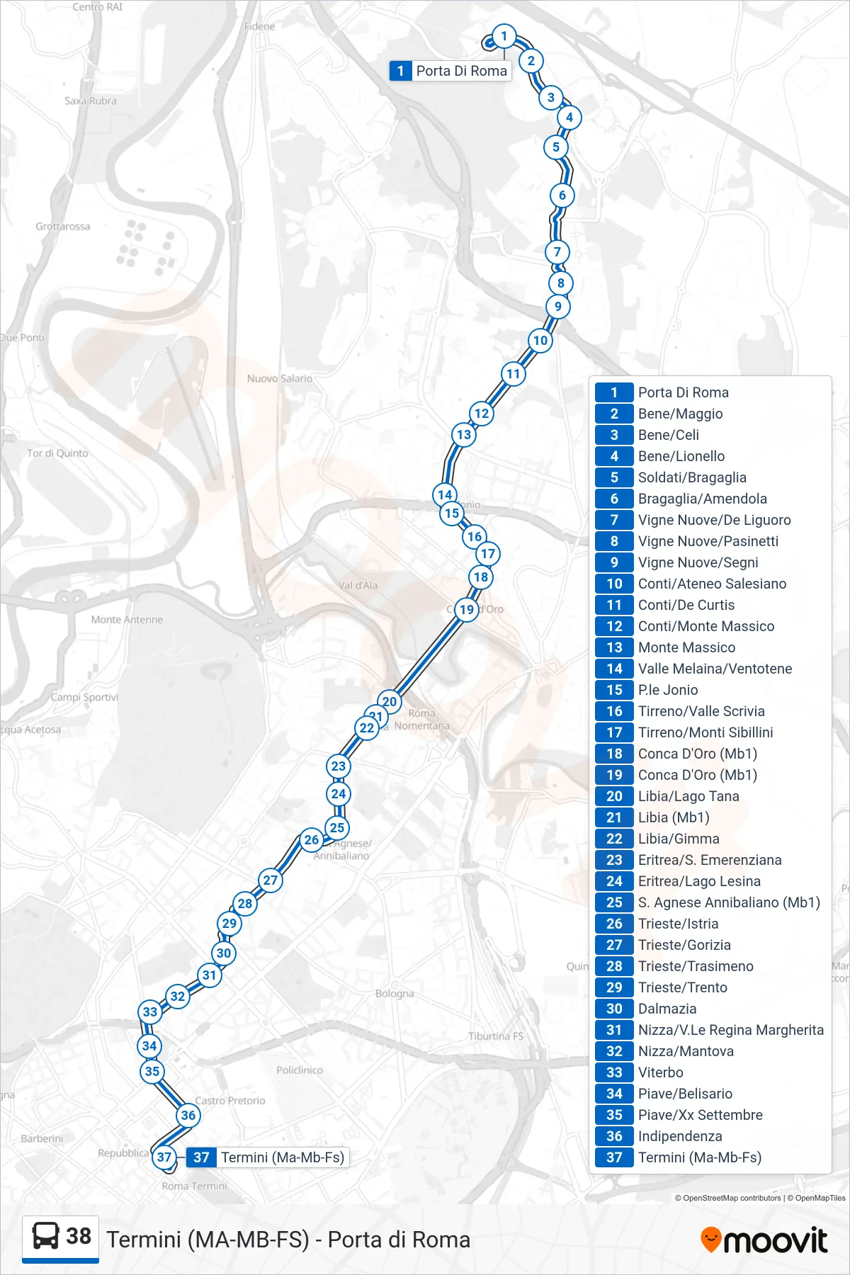 Linea 38 bus (Termini (Ma-Mb-Fs)) - Percorsi e fermate sulla mappa
