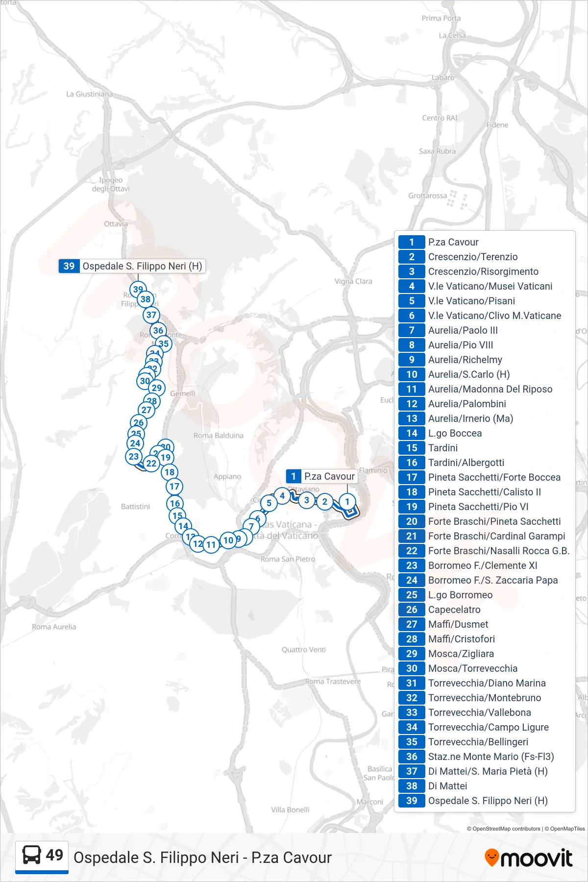 Linea 49 bus (Ospedale S. Filippo Neri (H)) - Percorsi e fermate sulla mappa