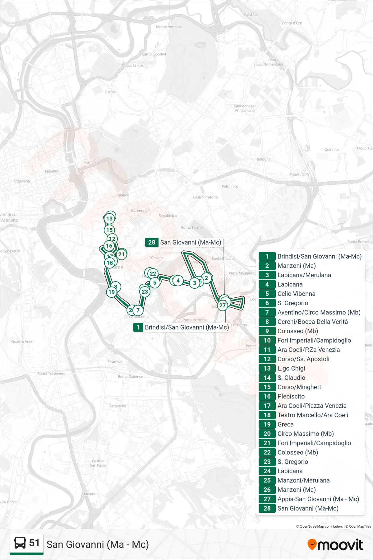 Linea 51 bus (San Giovanni (Ma - Mc)) - Percorsi e fermate sulla mappa