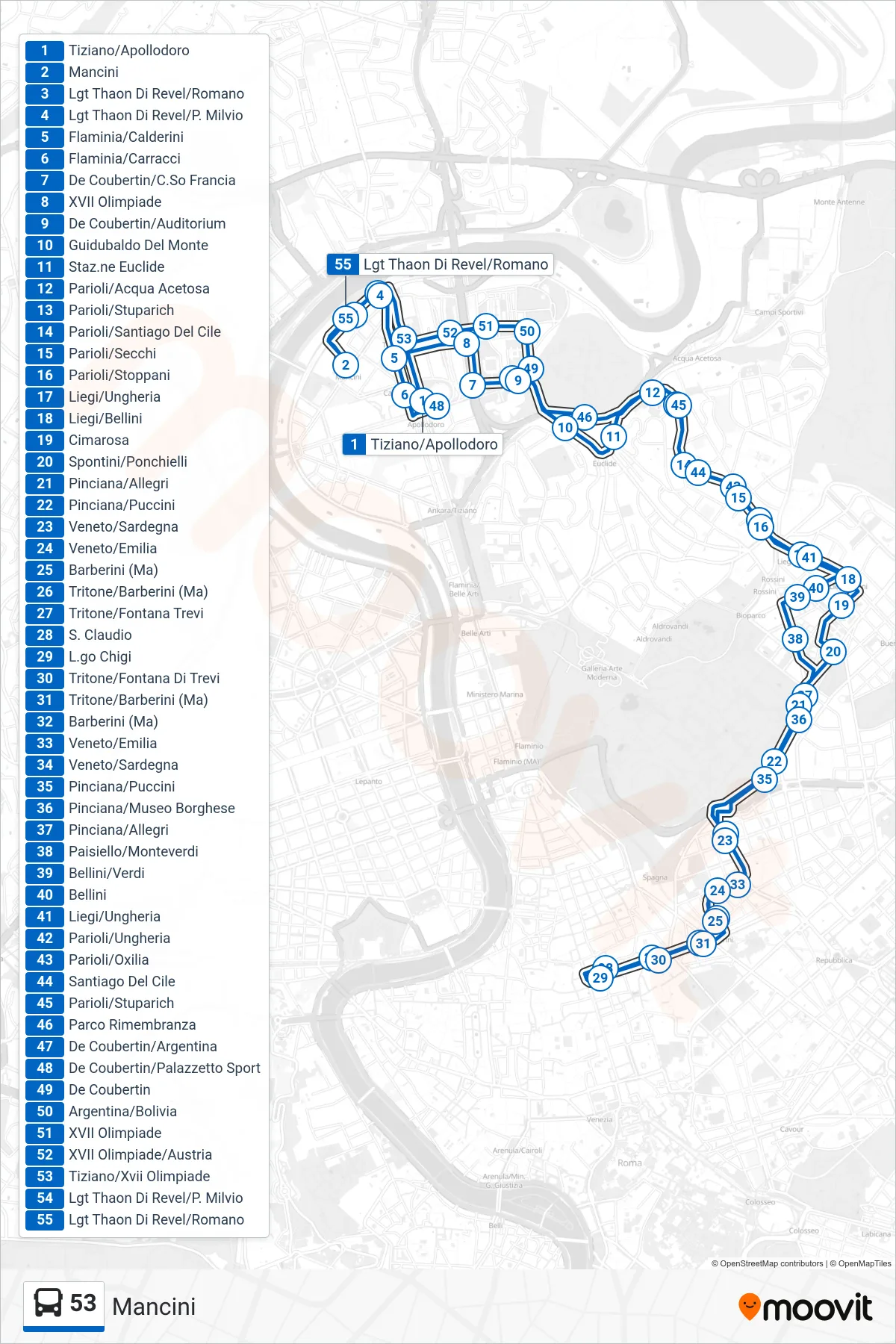 Linea 53 bus (Mancini) - Percorsi e fermate sulla mappa