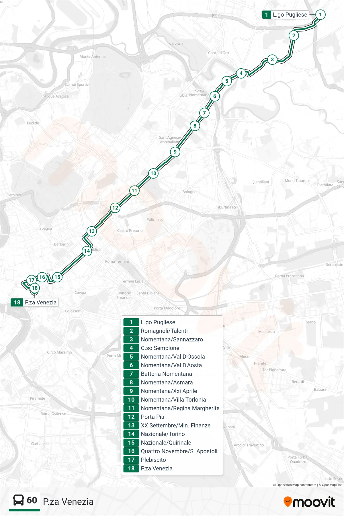 60 bus Line (Piazza Venezia) route and stops on a map