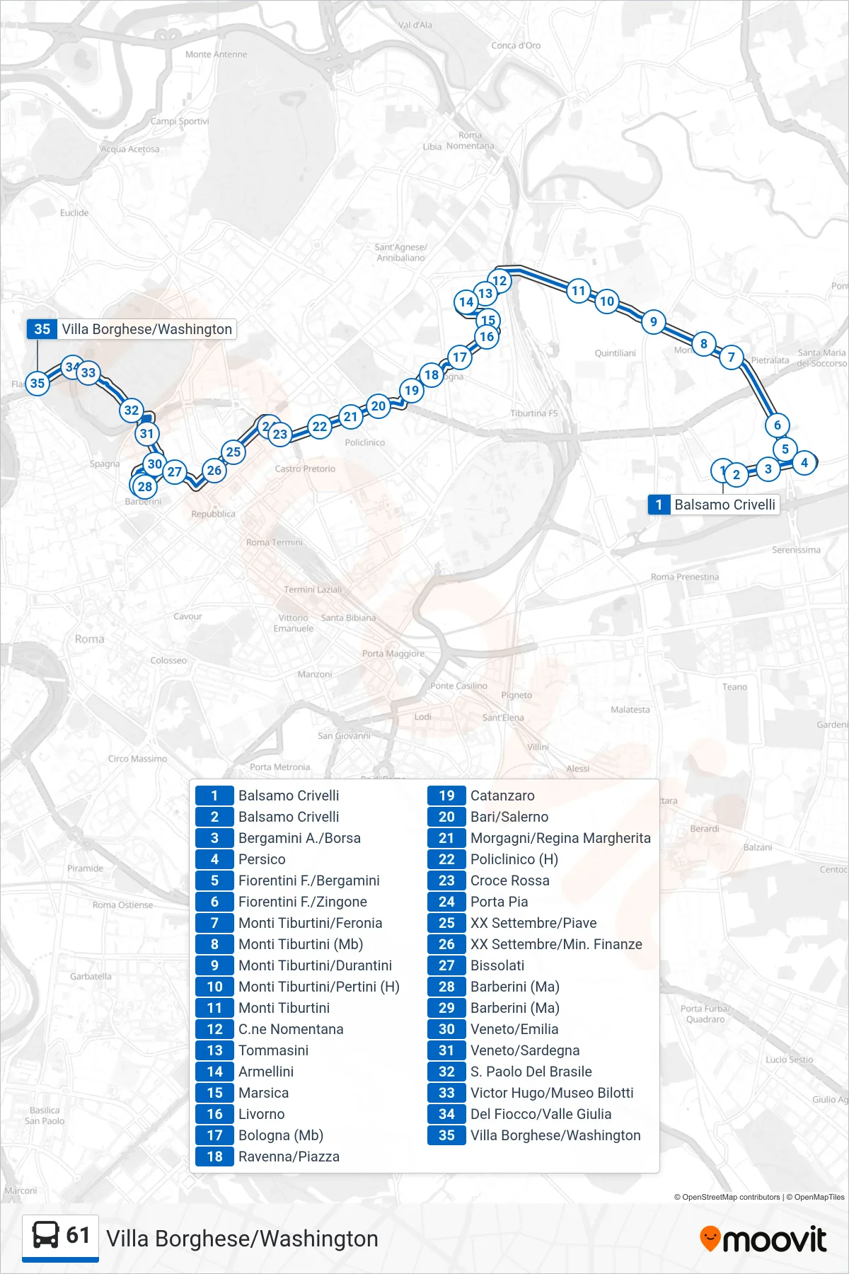 Linea 61 bus (Villa Borghese/Washington) - Percorsi e fermate sulla mappa