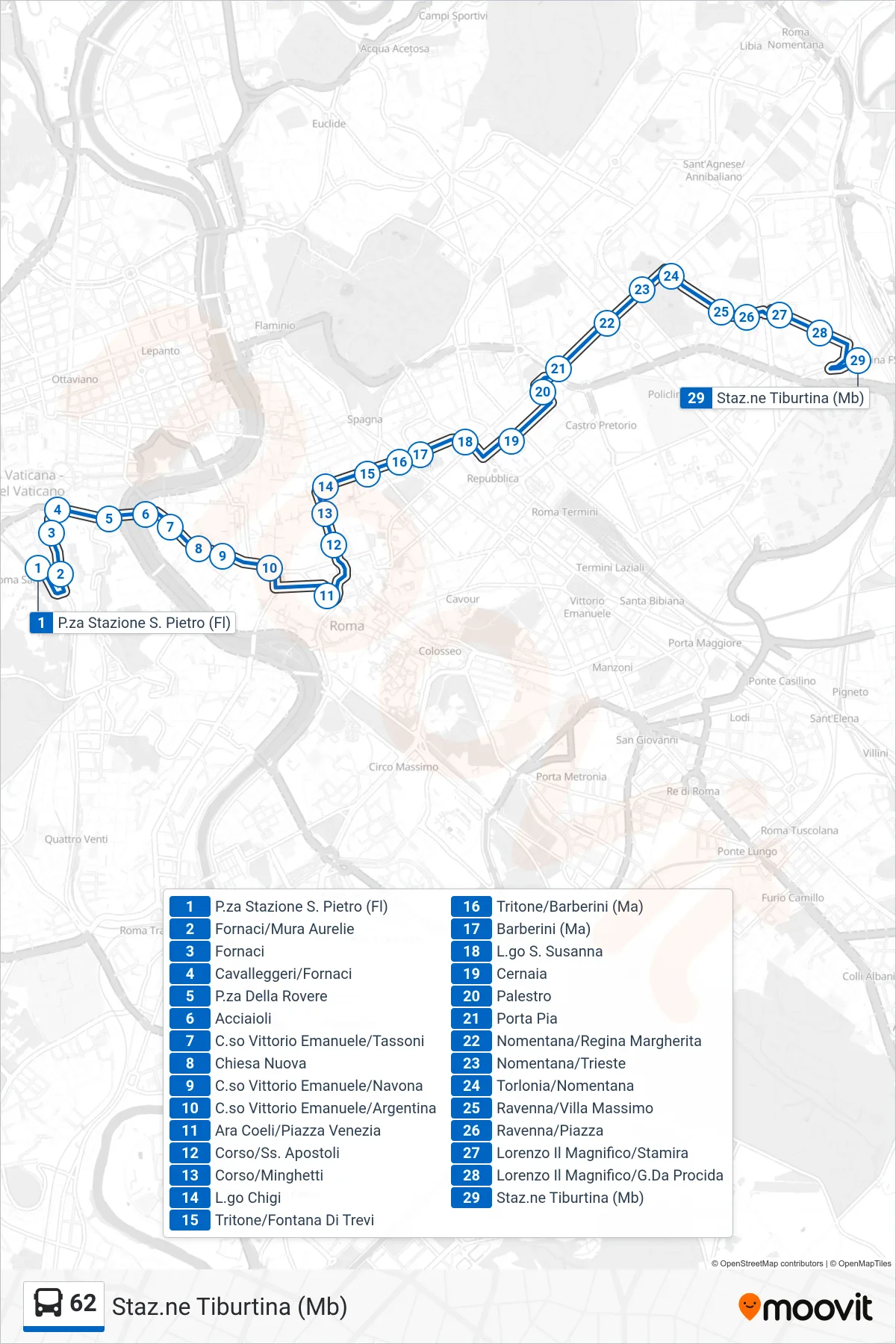 Linea 62 bus (Staz.ne Tiburtina (Mb)) - Percorsi e fermate sulla mappa
