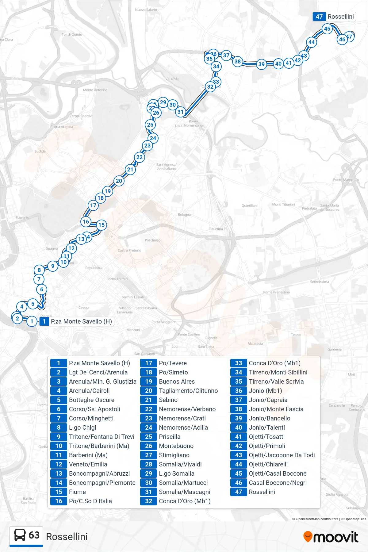 Linea 63 bus (Rossellini) - Percorsi e fermate sulla mappa