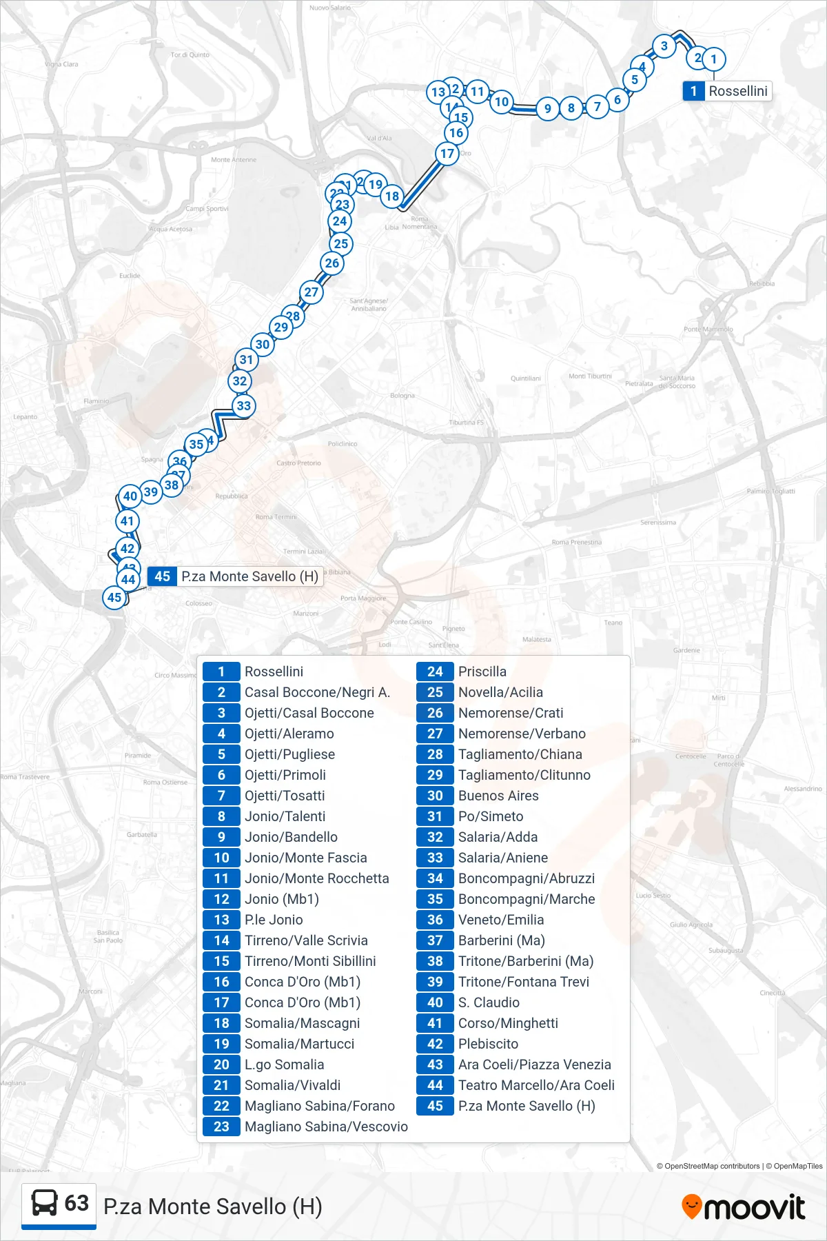 Linea 63 bus (P.za Monte Savello (H)) - Percorsi e fermate sulla mappa