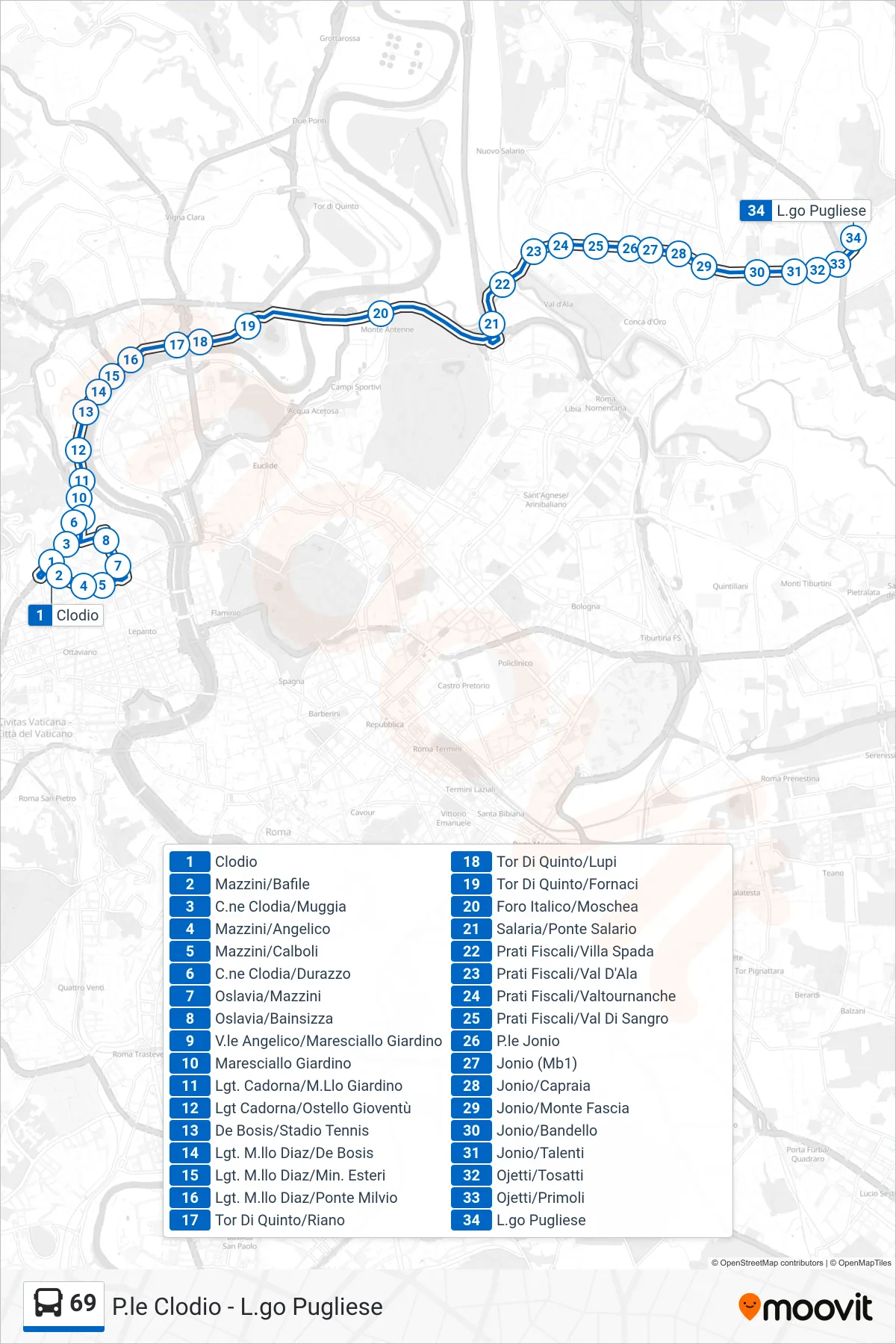 Linea 69 bus (L.go Pugliese) - Percorsi e fermate sulla mappa