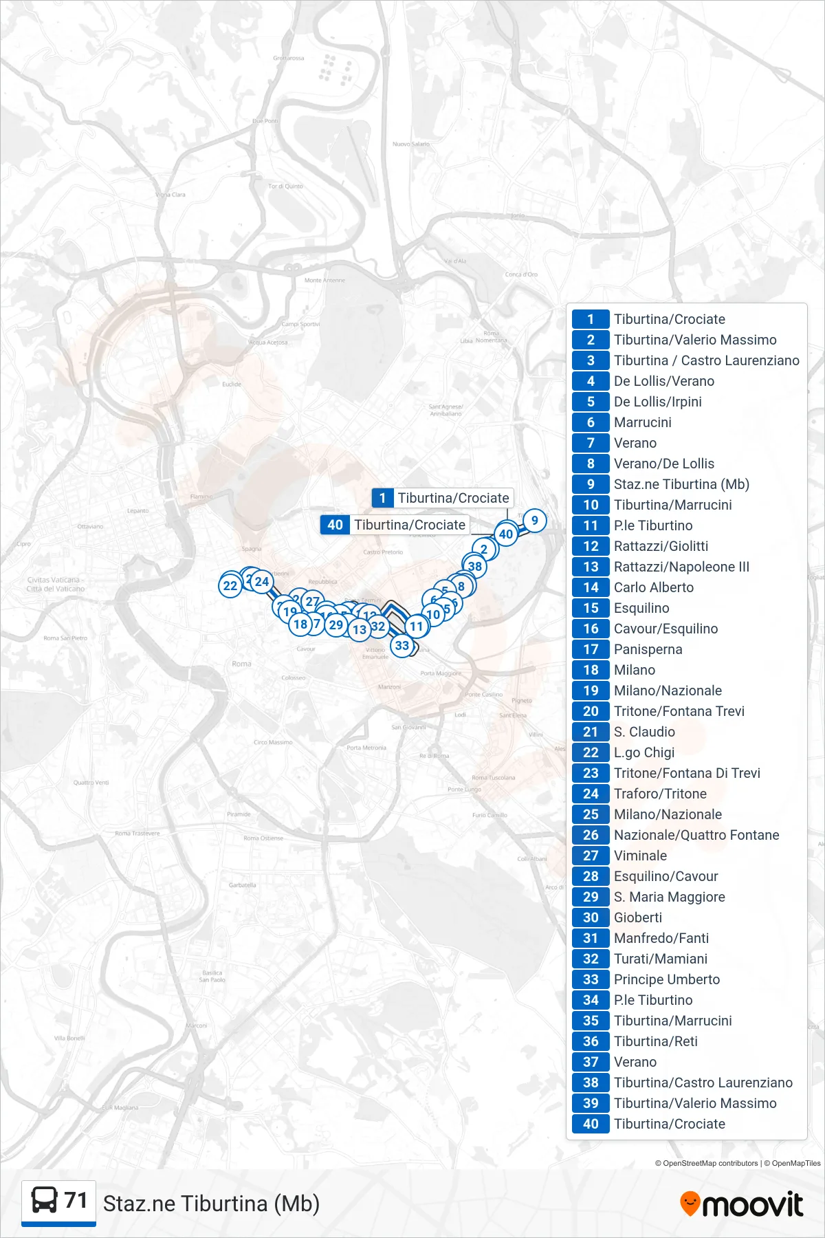 Linea 71  bus (Staz.ne Tiburtina (Mb)) - Percorsi e fermate sulla mappa