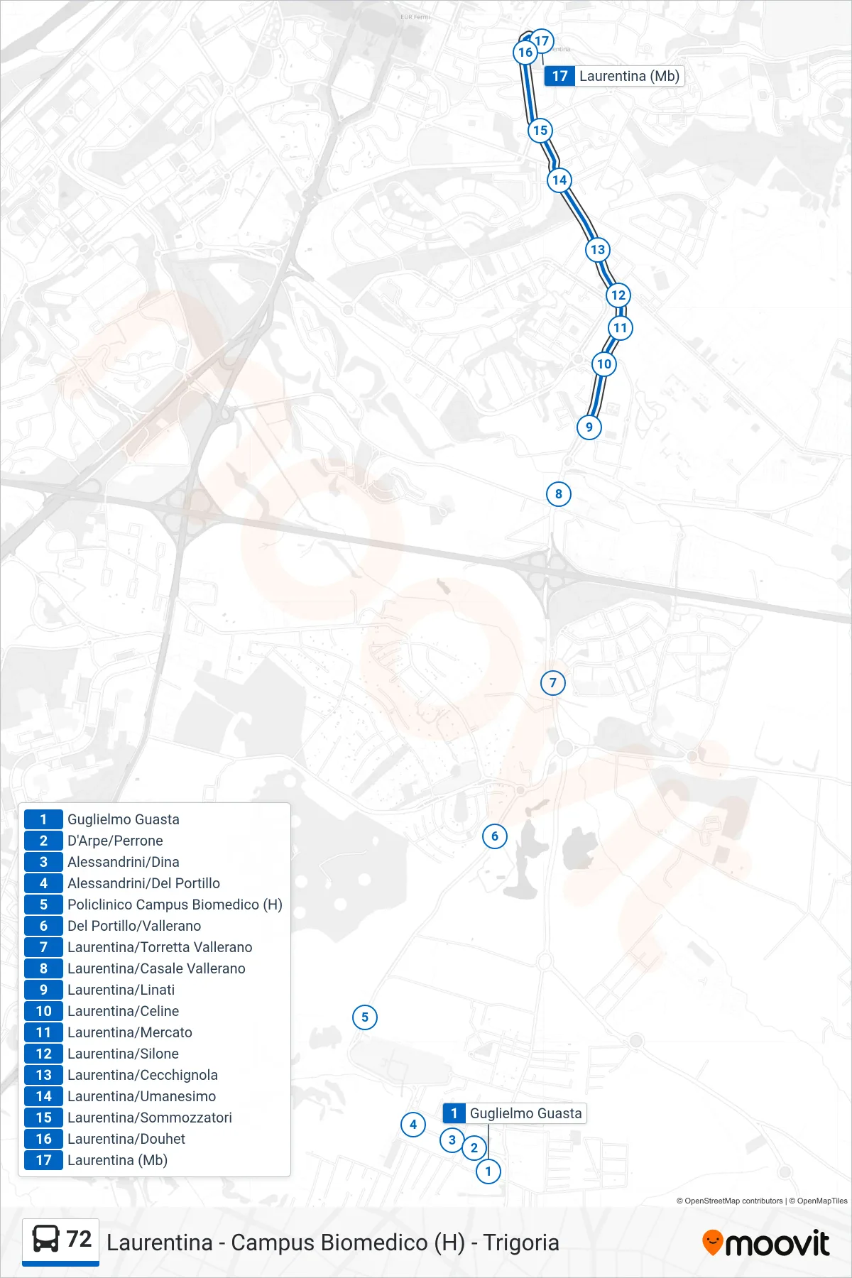 Linea 72 bus (Laurentina (Mb)) - Percorsi e fermate sulla mappa